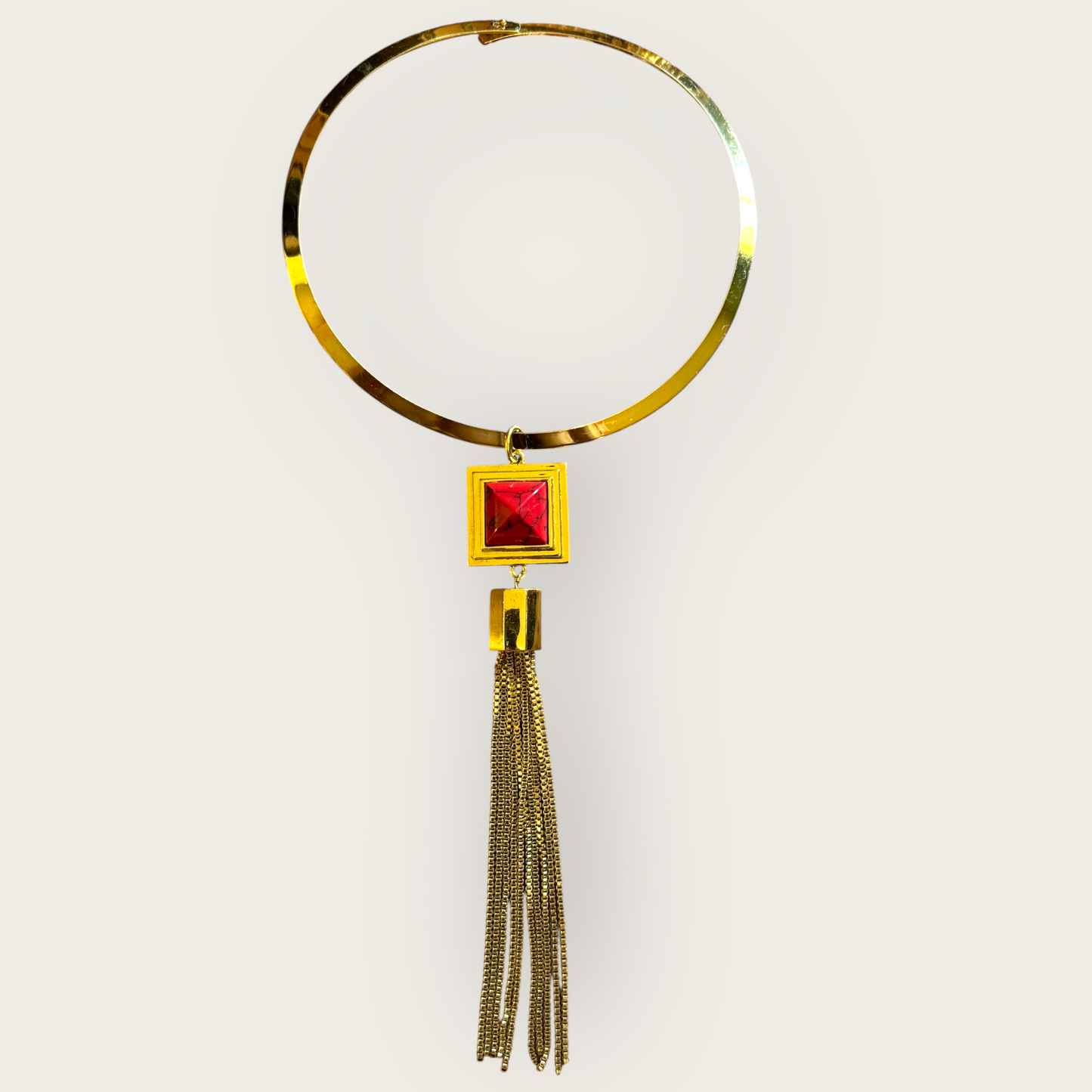 Rare Vince Camuto Runway Signed Necklace and Bracelet Set – Heavy Gold-Tone with Red Marbled Resin