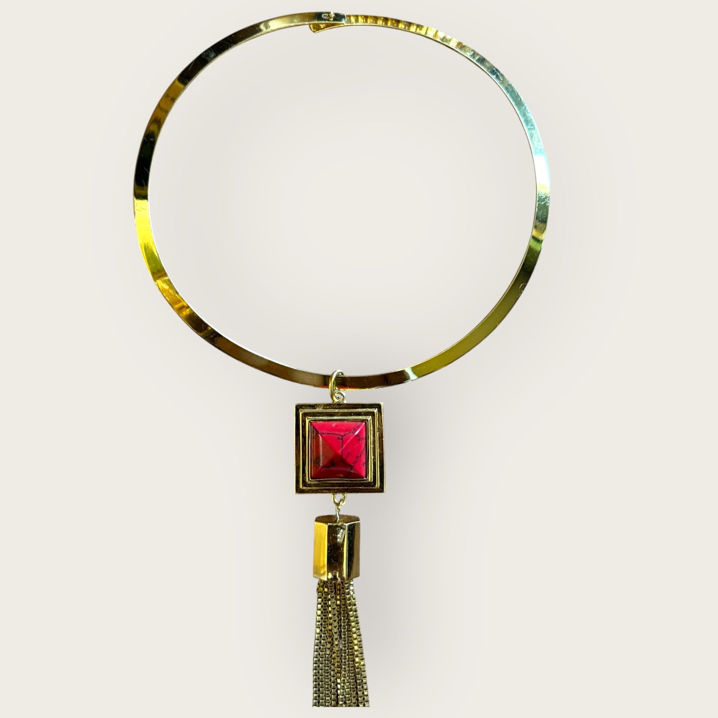Rare Vince Camuto Runway Signed Necklace and Bracelet Set – Heavy Gold-Tone with Red Marbled Resin