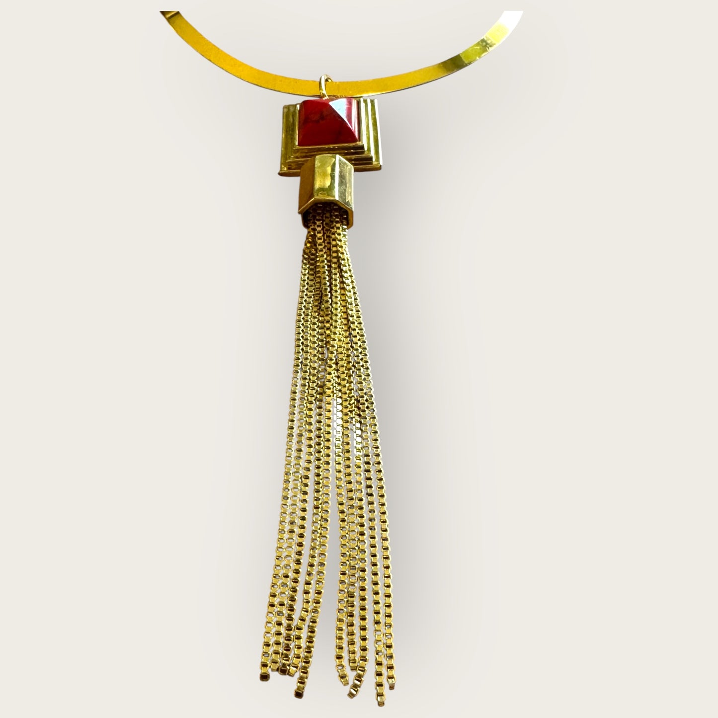Rare Vince Camuto Runway Signed Necklace and Bracelet Set – Heavy Gold-Tone with Red Marbled Resin