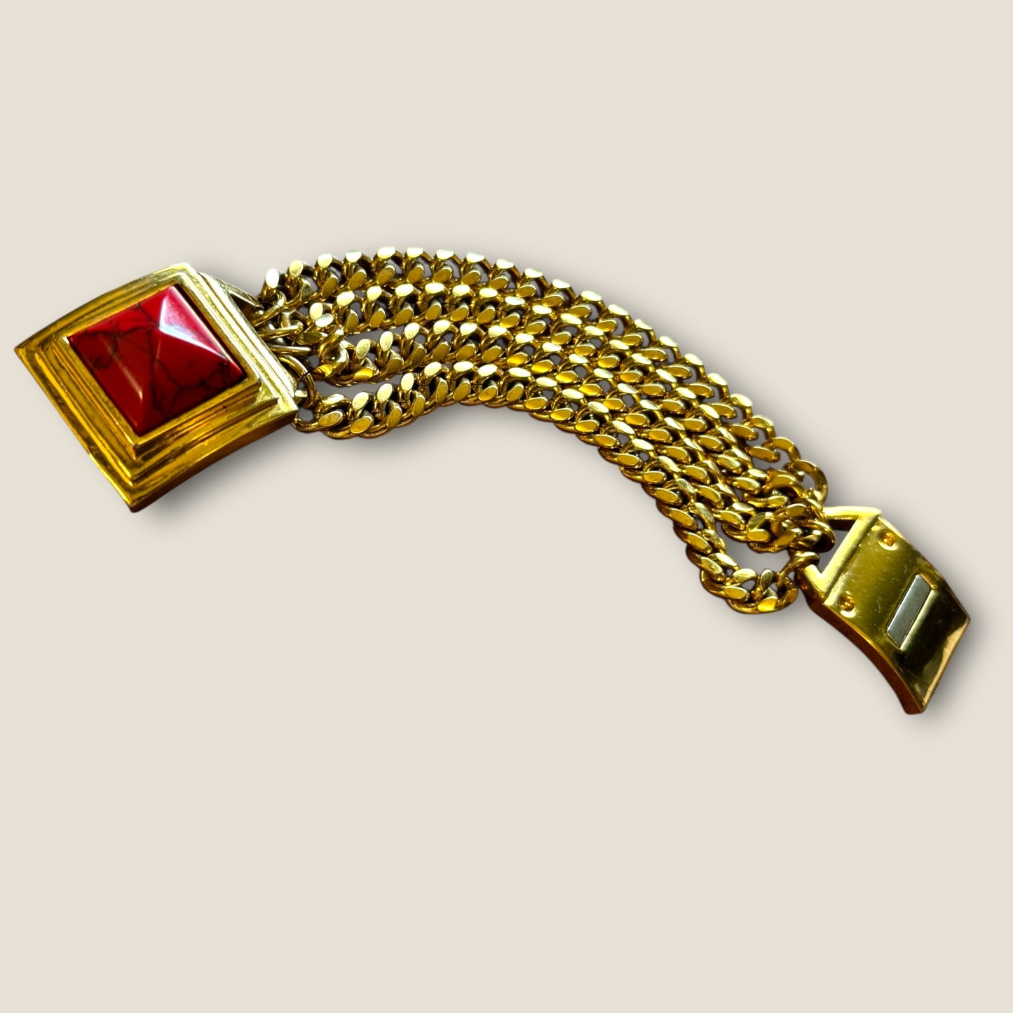 Rare Vince Camuto Runway Signed Necklace and Bracelet Set – Heavy Gold-Tone with Red Marbled Resin