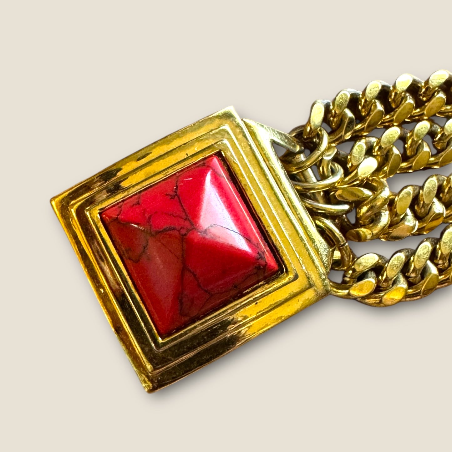 Rare Vince Camuto Runway Signed Necklace and Bracelet Set – Heavy Gold-Tone with Red Marbled Resin