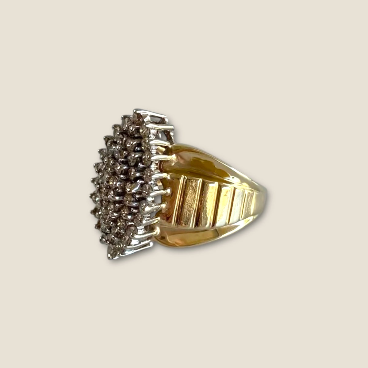 Vintage 10K White & Yellow Gold Clear Sapphire Cluster Ring – Size 5–5.25, Estate Raised Dome Cocktail Ring