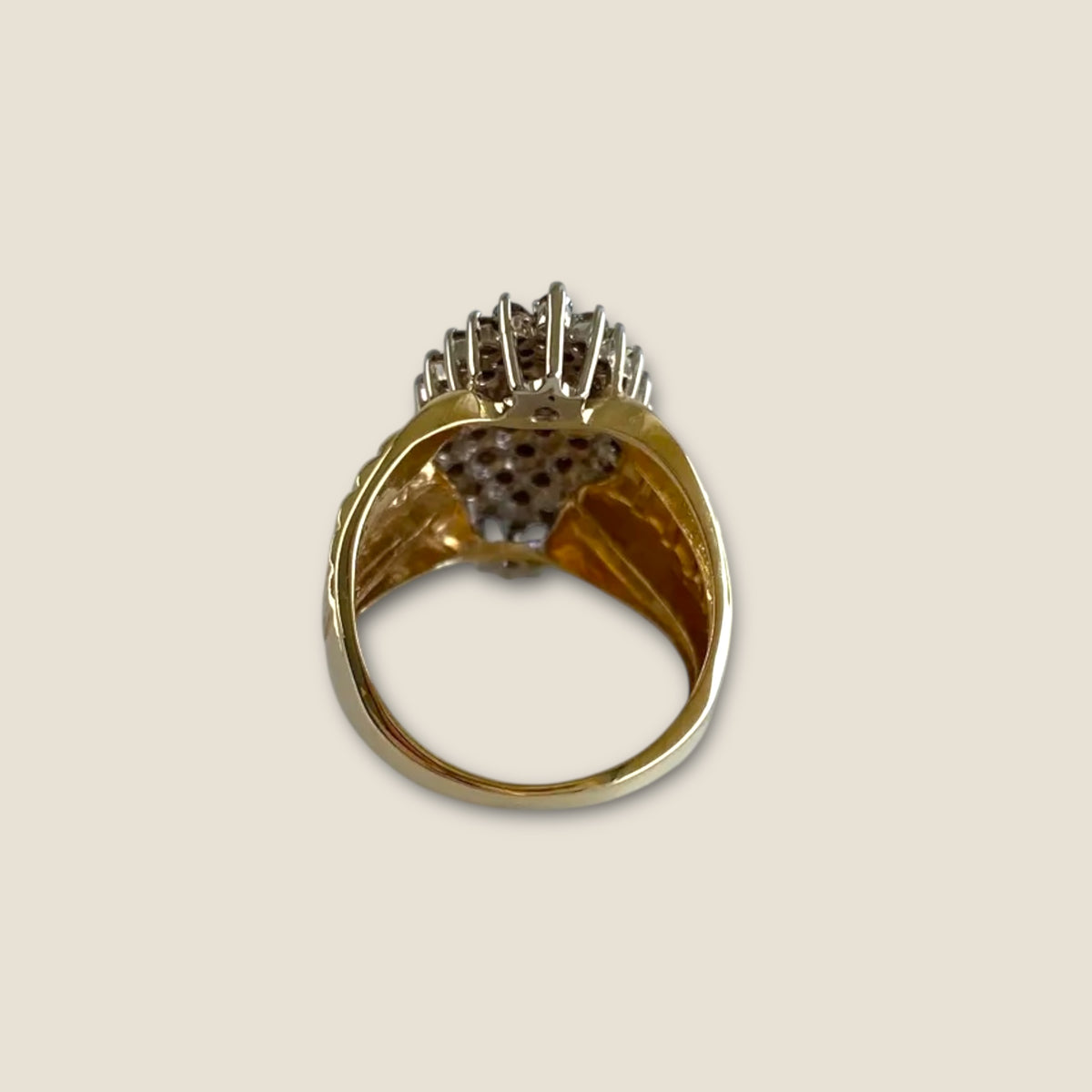 Vintage 10K White & Yellow Gold Clear Sapphire Cluster Ring – Size 5–5.25, Estate Raised Dome Cocktail Ring