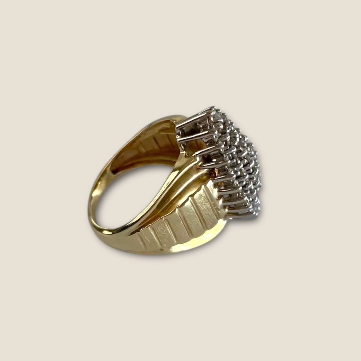 Vintage 10K White & Yellow Gold Clear Sapphire Cluster Ring – Size 5–5.25, Estate Raised Dome Cocktail Ring