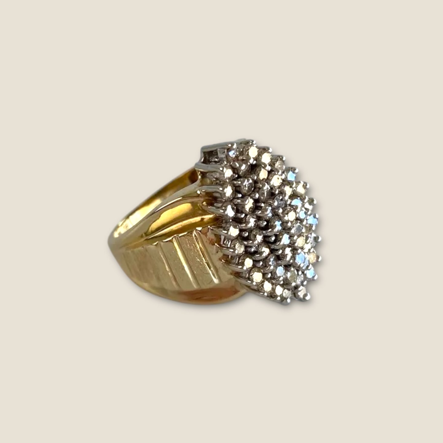 Vintage 10K White & Yellow Gold Clear Sapphire Cluster Ring – Size 5–5.25, Estate Raised Dome Cocktail Ring