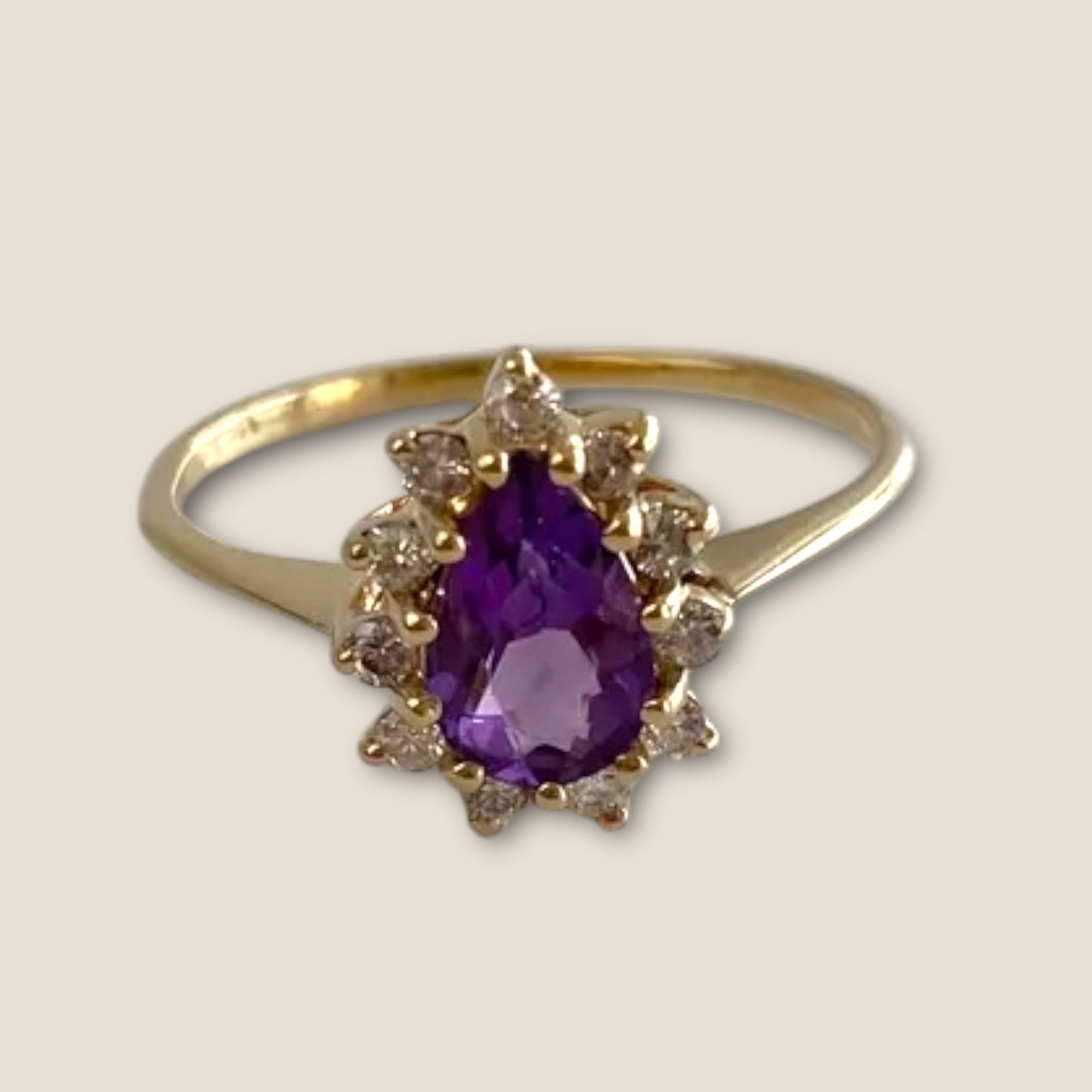 Vintage Solid 14k Yellow Gold Amethyst and Diamond Teardrop Halo Ring – Size 7 Estate Fine Jewelry