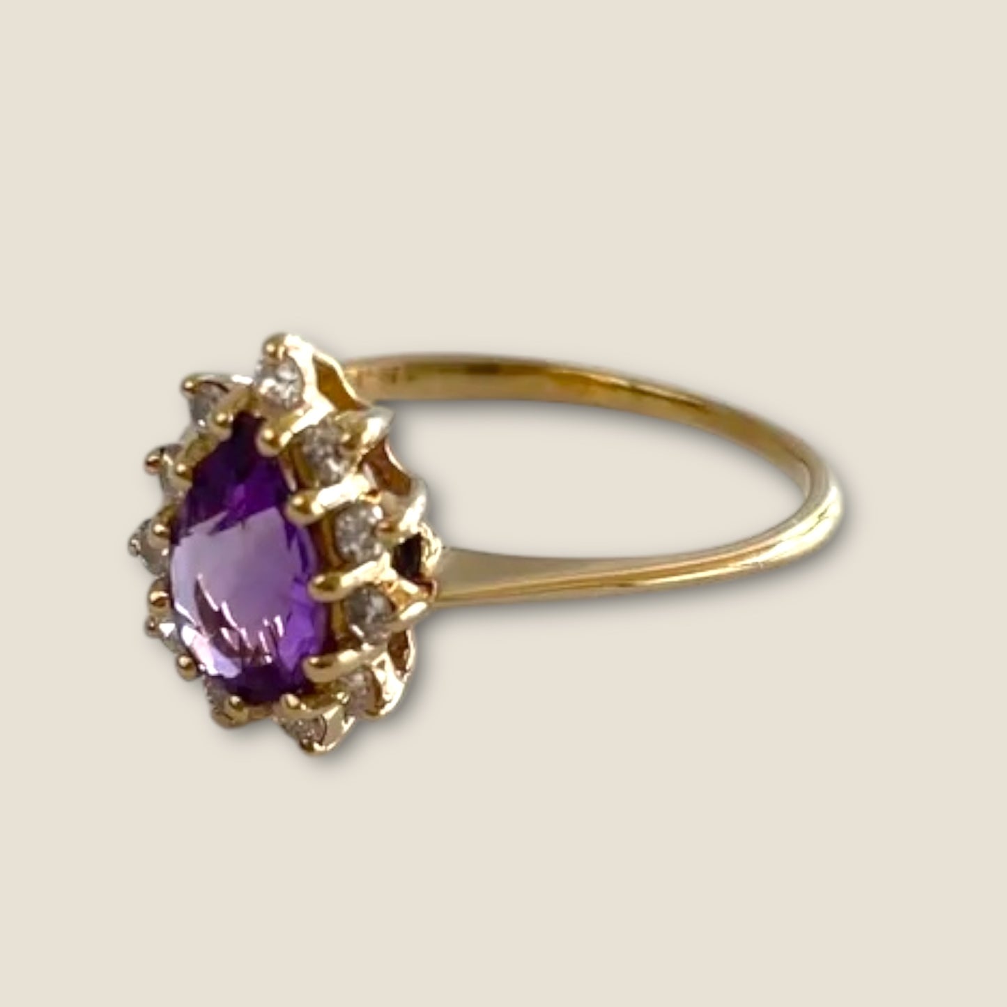 Vintage Solid 14k Yellow Gold Amethyst and Diamond Teardrop Halo Ring – Size 7 Estate Fine Jewelry