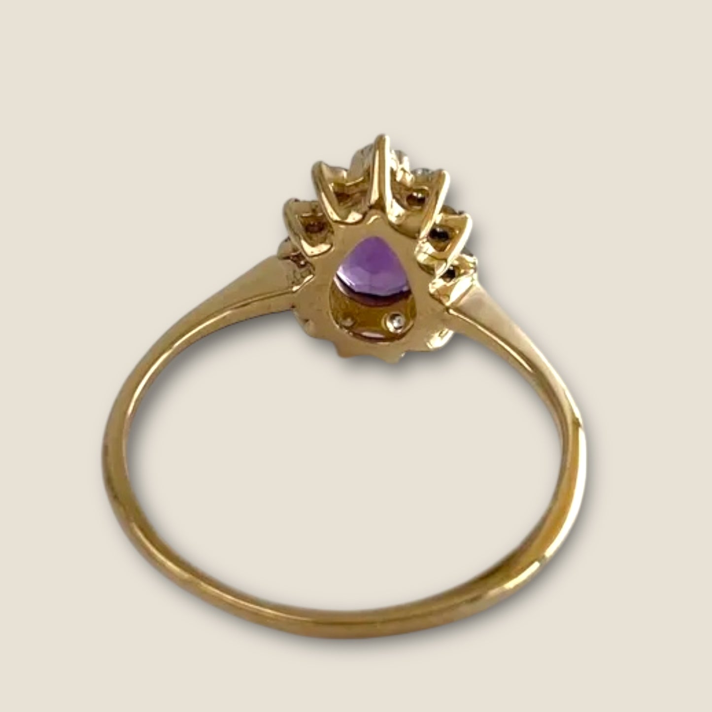 Vintage Solid 14k Yellow Gold Amethyst and Diamond Teardrop Halo Ring – Size 7 Estate Fine Jewelry
