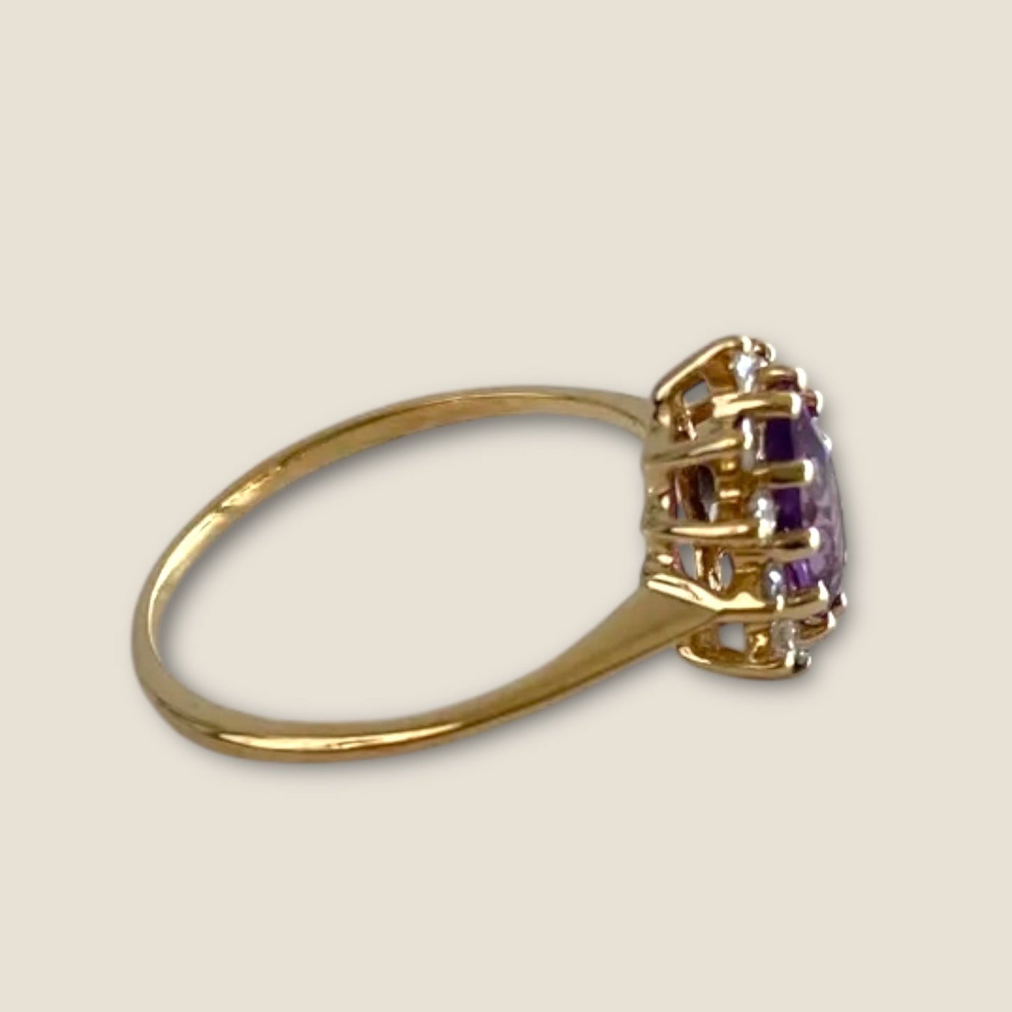 Vintage Solid 14k Yellow Gold Amethyst and Diamond Teardrop Halo Ring – Size 7 Estate Fine Jewelry