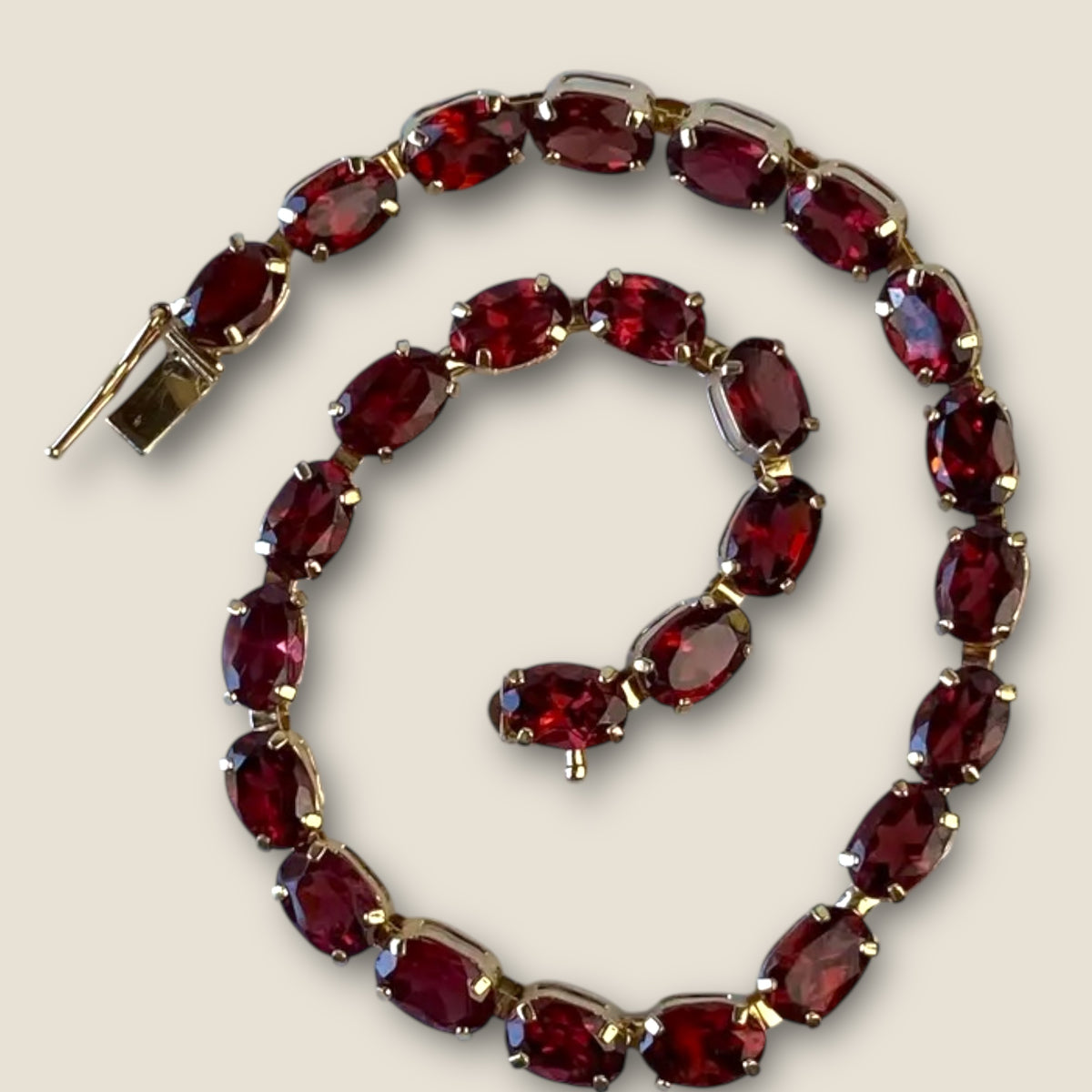 Vintage Solid 14k Yellow Gold Garnet Line Bracelet – Fine Estate Jewelry, 7 Inch | Private Collection