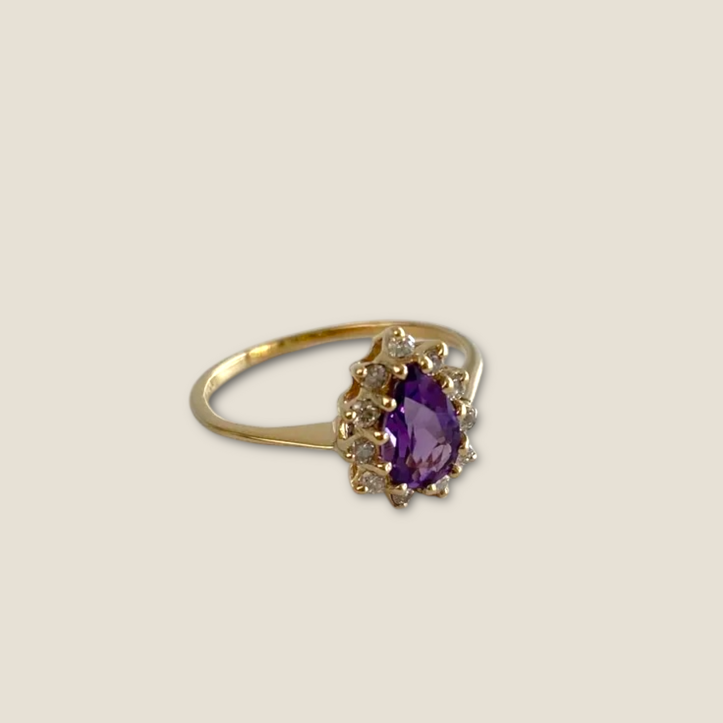 Vintage Solid 14k Yellow Gold Amethyst and Diamond Teardrop Halo Ring – Size 7 Estate Fine Jewelry