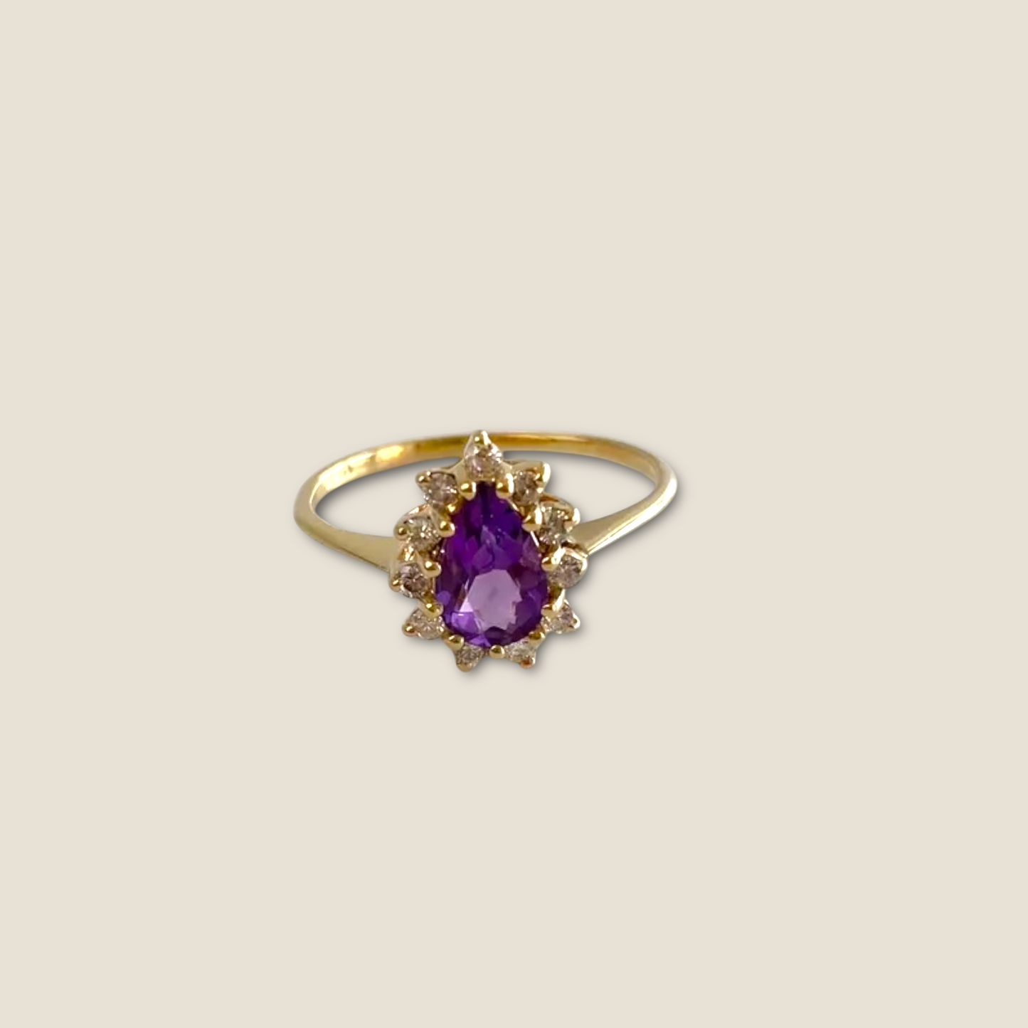 Vintage Solid 14k Yellow Gold Amethyst and Diamond Teardrop Halo Ring – Size 7 Estate Fine Jewelry
