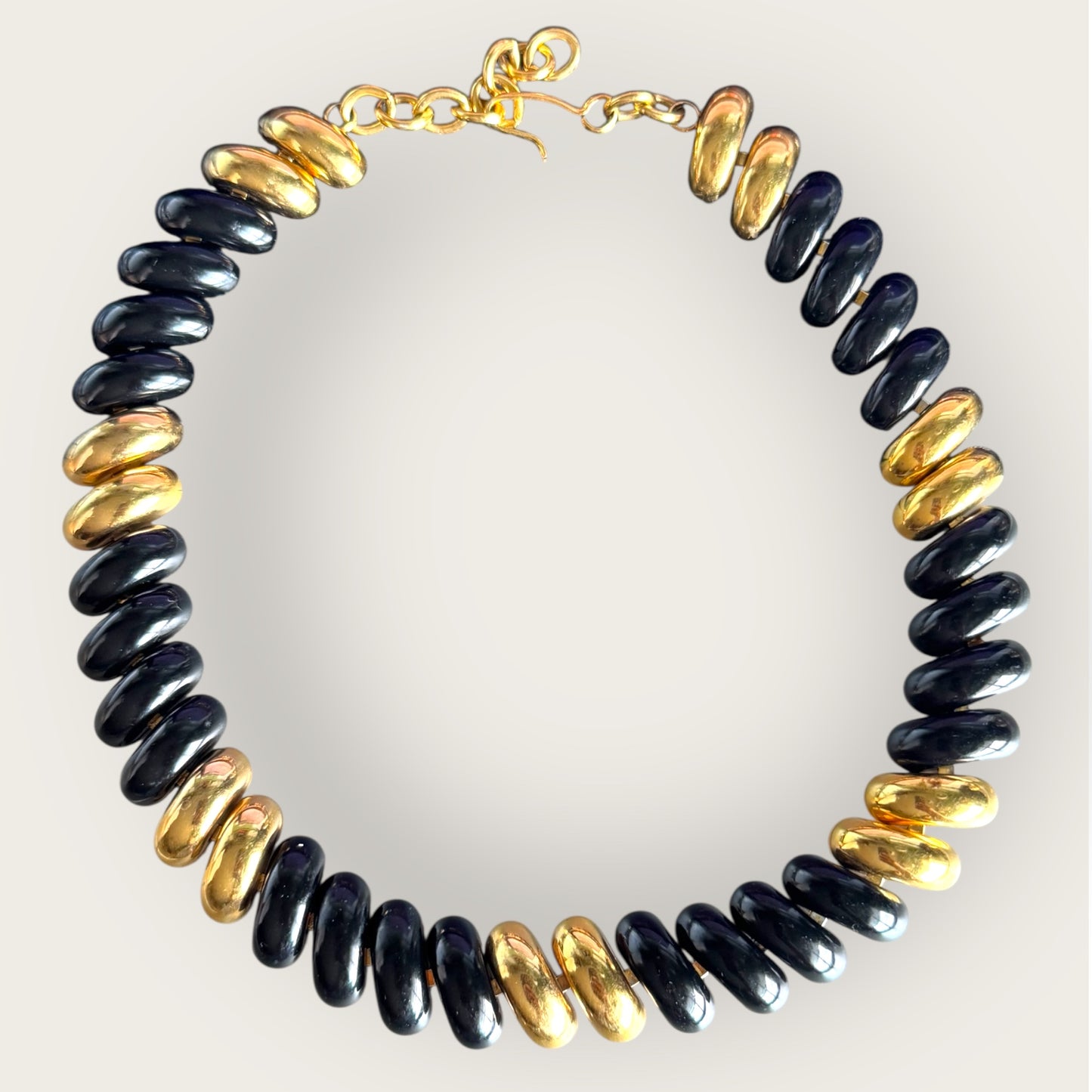 Vintage Signed Monet Black and Gold Tone Enamel Statement Necklace