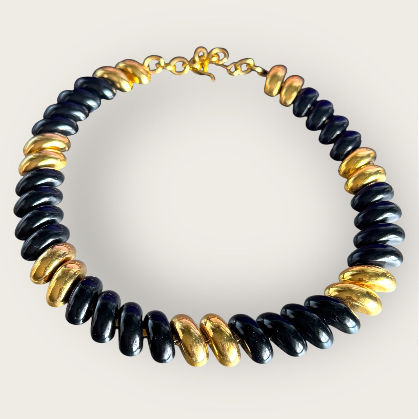 Vintage Signed Monet Black and Gold Tone Enamel Statement Necklace