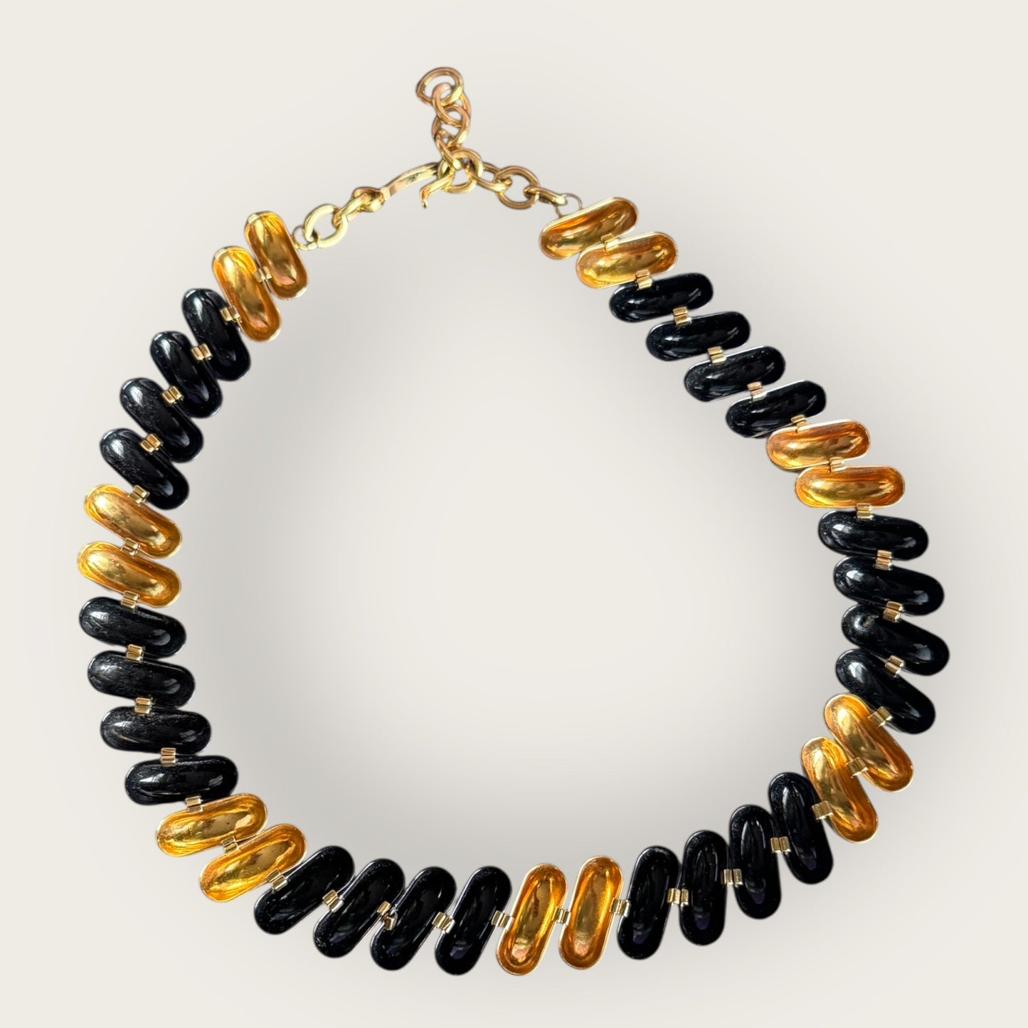 Vintage Signed Monet Black and Gold Tone Enamel Statement Necklace