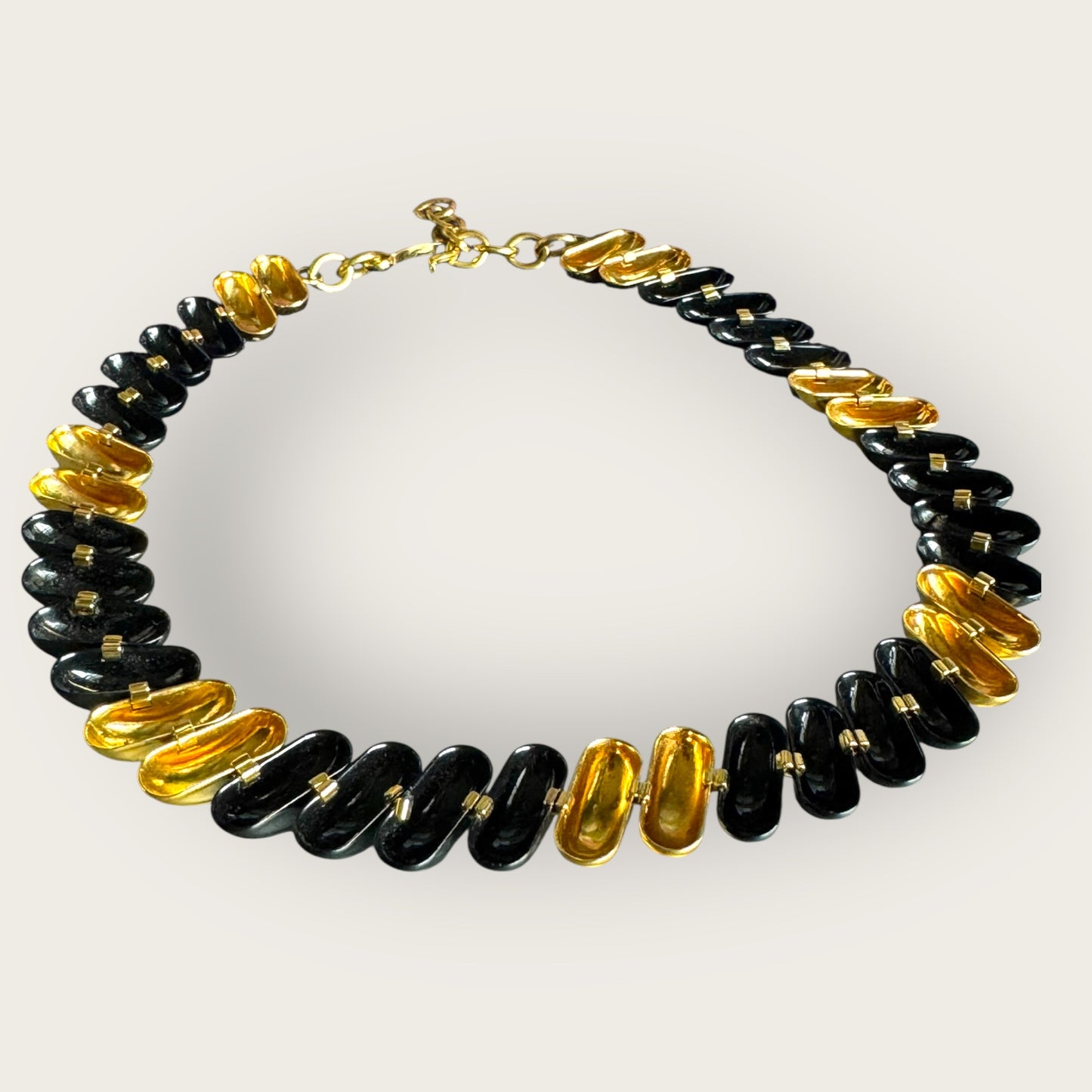Vintage Signed Monet Black and Gold Tone Enamel Statement Necklace