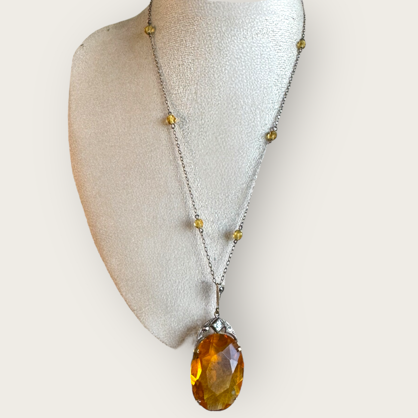 Antique Czechoslovakia Amber Glass and Silver Necklace – Faceted Beads and Signed Art Deco Pendant