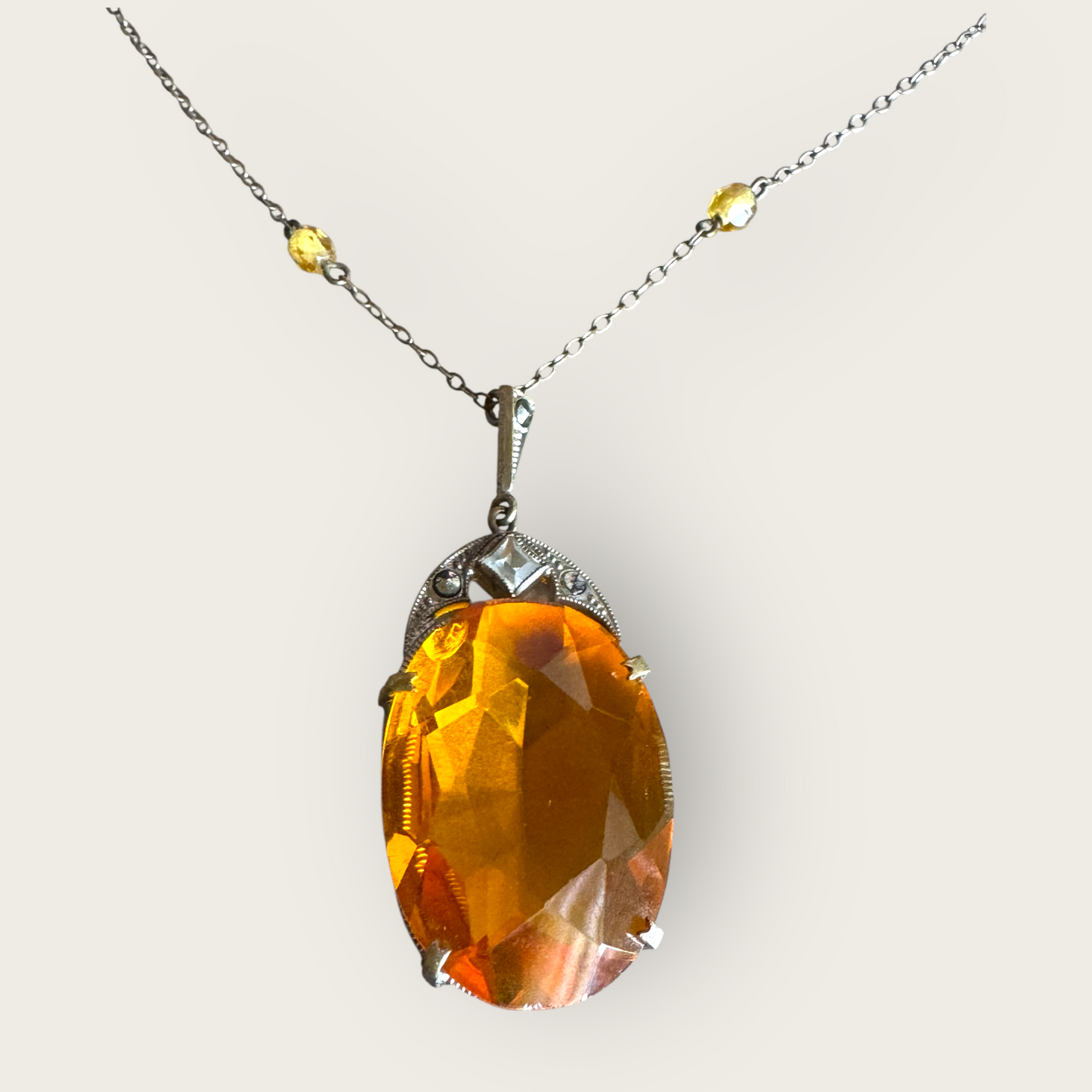 Antique Czechoslovakia Amber Glass and Silver Necklace – Faceted Beads and Signed Art Deco Pendant
