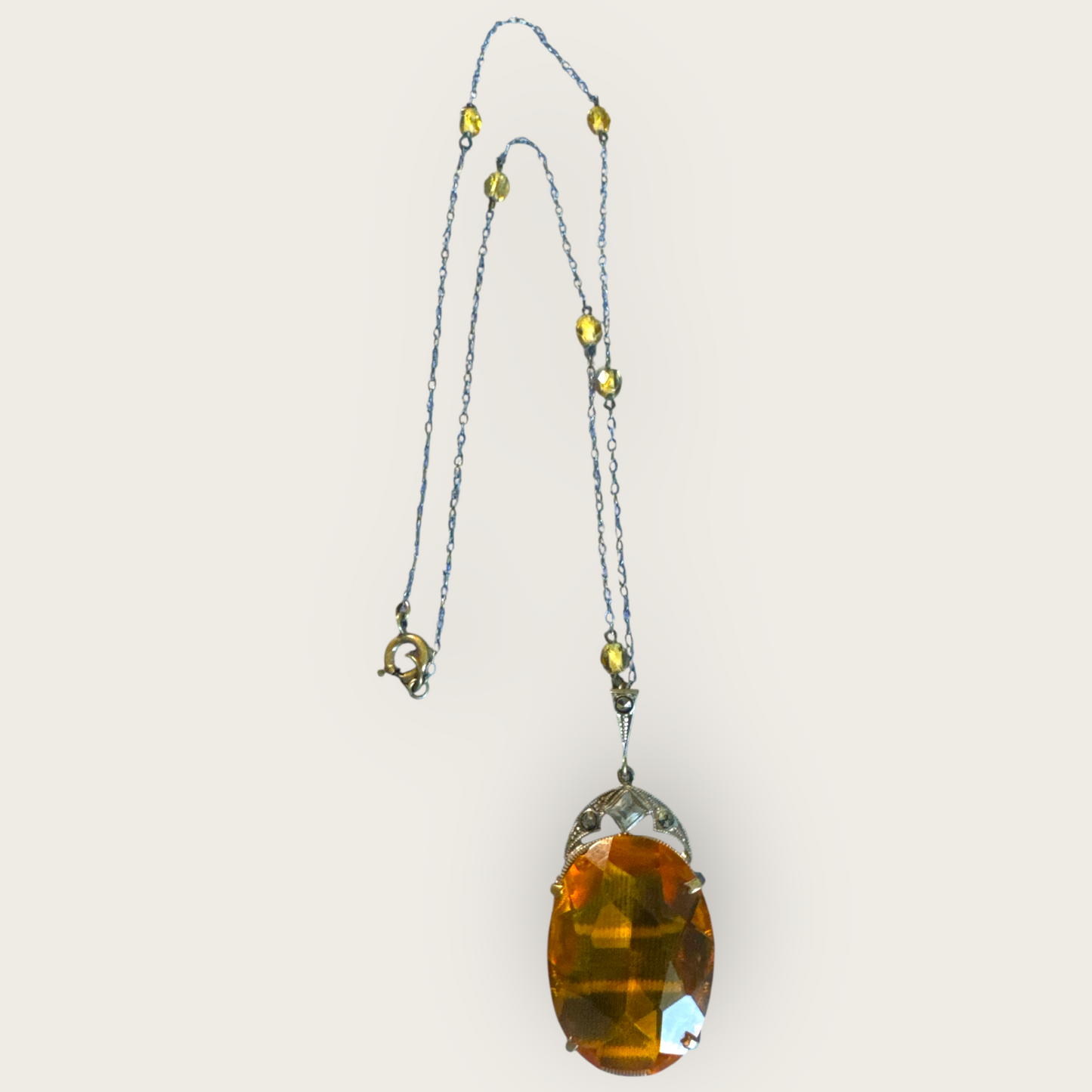 Antique Czechoslovakia Amber Glass and Silver Necklace – Faceted Beads and Signed Art Deco Pendant