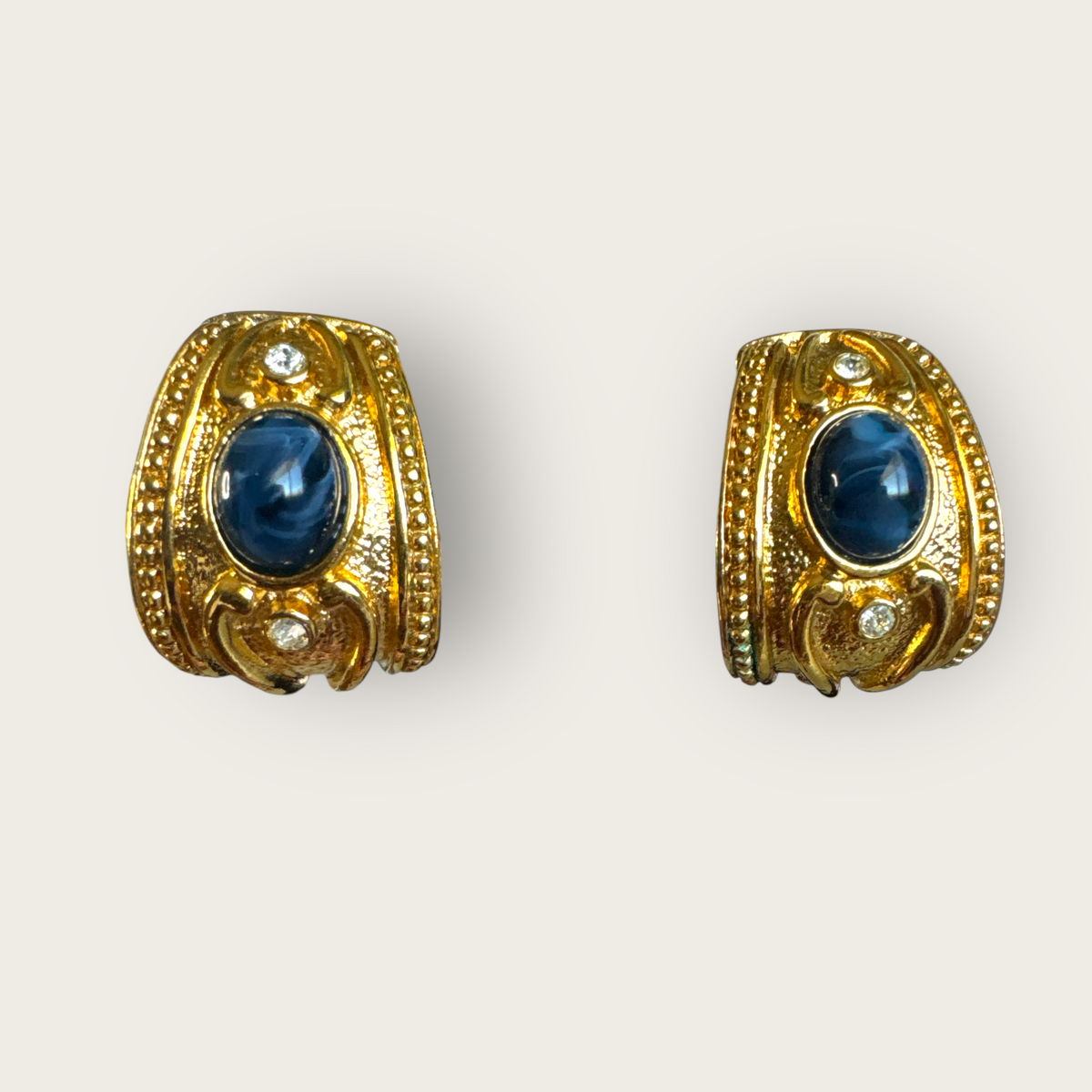 Vintage Signed Avon Gripoix-Style Gold-Tone Clip-On Earrings with Navy Cabochons