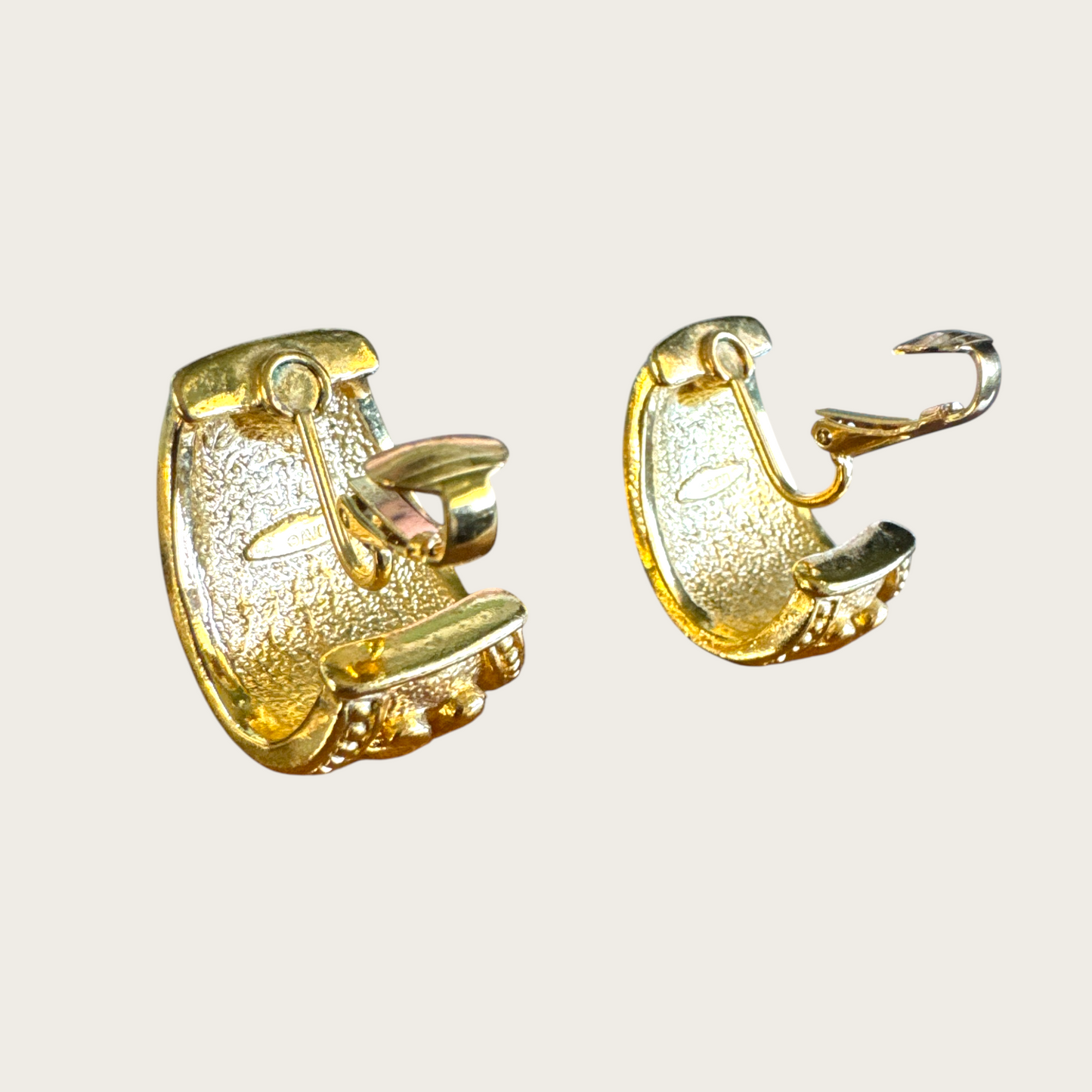 Vintage Signed Avon Chunky Gold-Tone Clip-On Earrings with Navy Lucite Cabochons