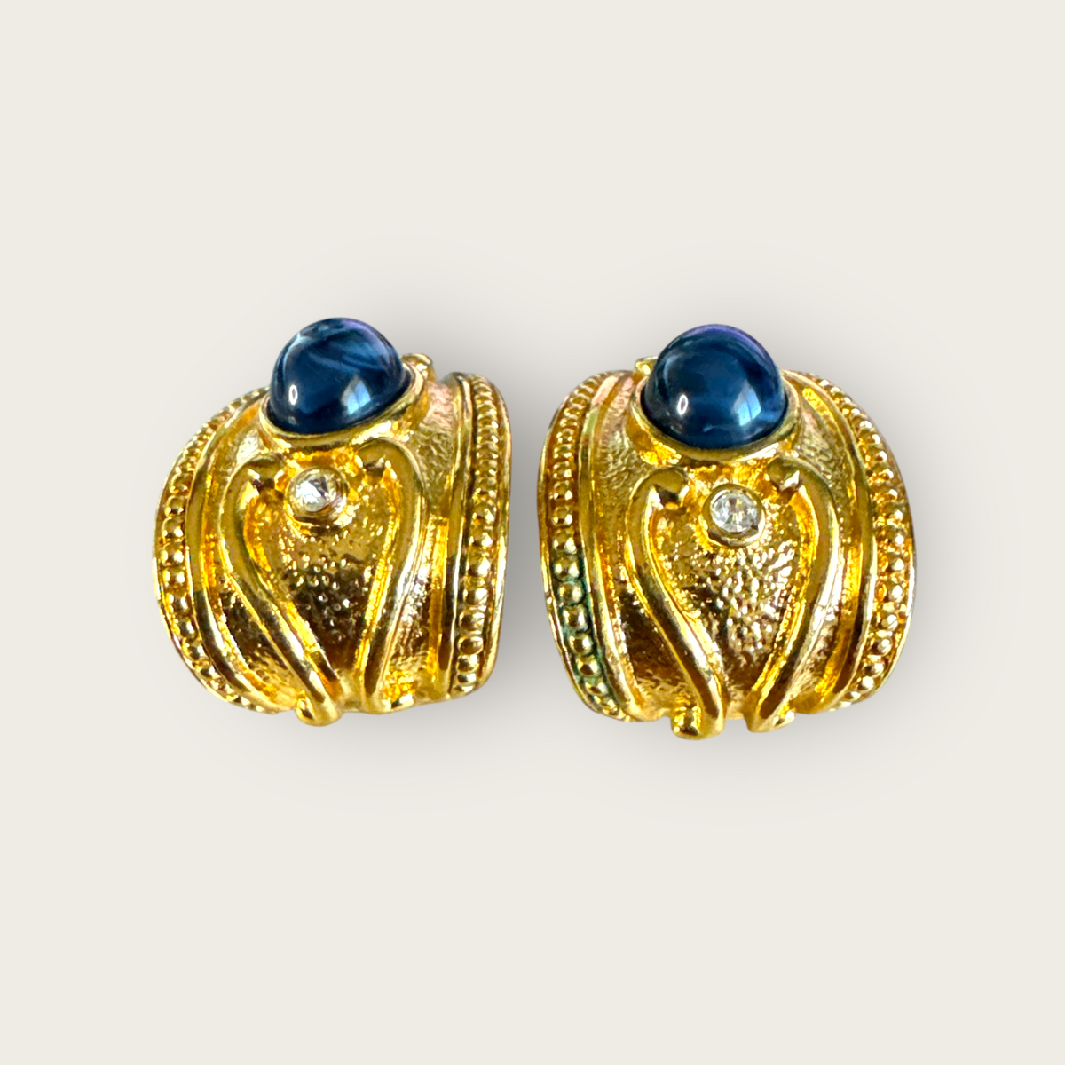 Vintage Signed Avon Gripoix-Style Gold-Tone Clip-On Earrings with Navy Cabochons