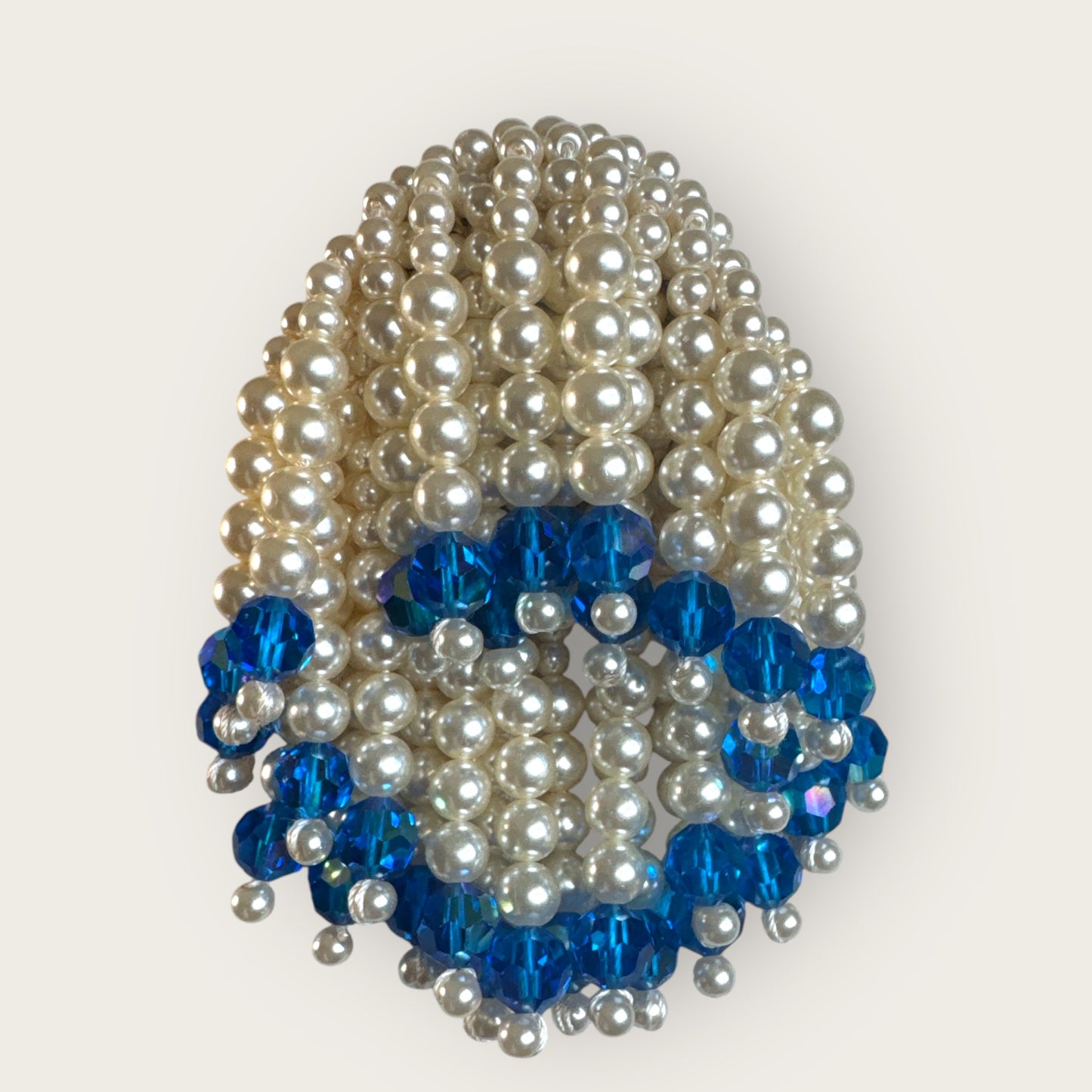 Rare Vintage 1950s–1960s Heavy Pearl and Royal Blue Faceted Glass Fringe Brooch – Unsigned Statement Pin