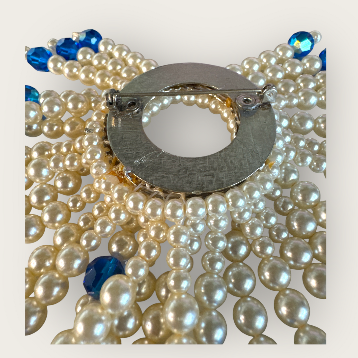 Rare Vintage 1950s–1960s Heavy Pearl and Royal Blue Faceted Glass Fringe Brooch – Unsigned Statement Pin
