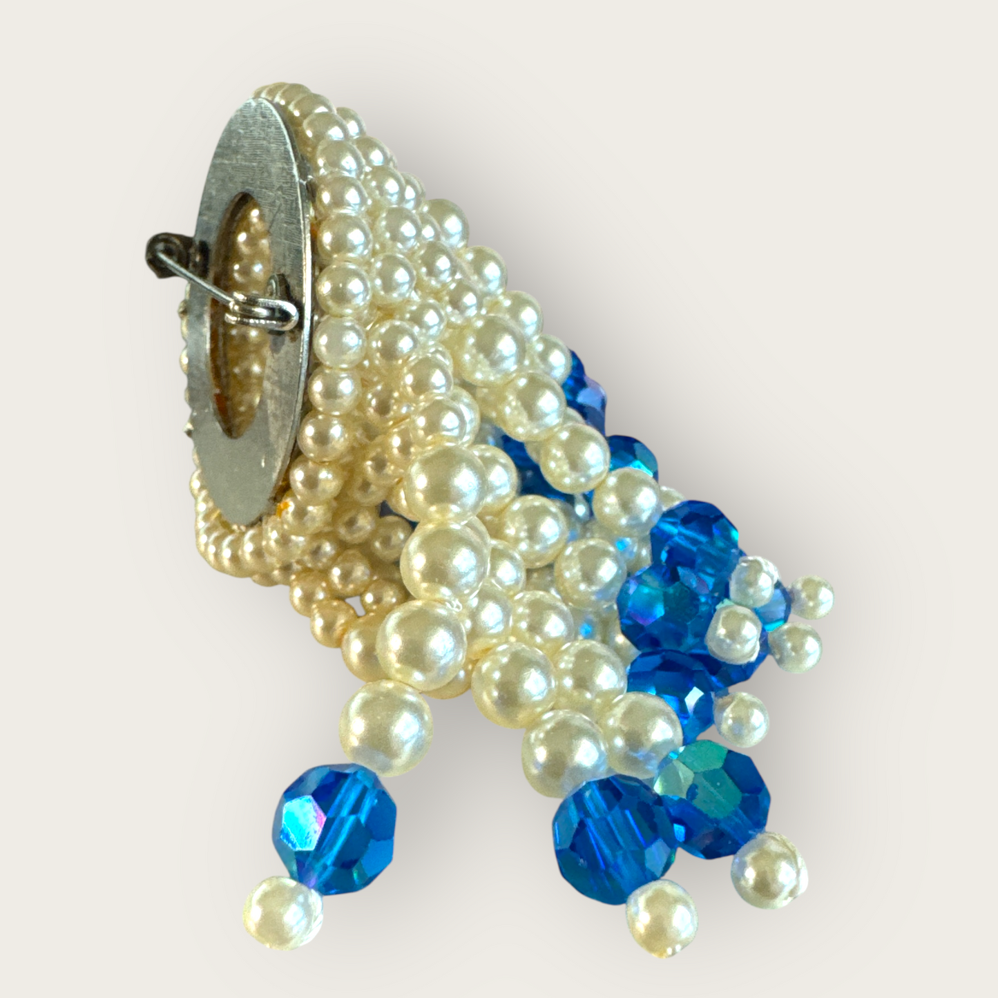 Rare Vintage 1950s–1960s Heavy Pearl and Royal Blue Faceted Glass Fringe Brooch – Unsigned Statement Pin