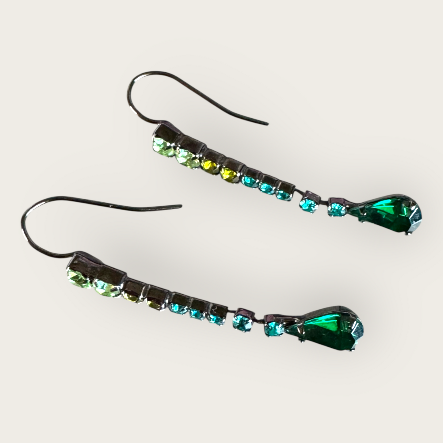 Vintage-Inspired Gunmetal Drop Earrings with Graduated Green Rhinestones – 2 Inch Drop
