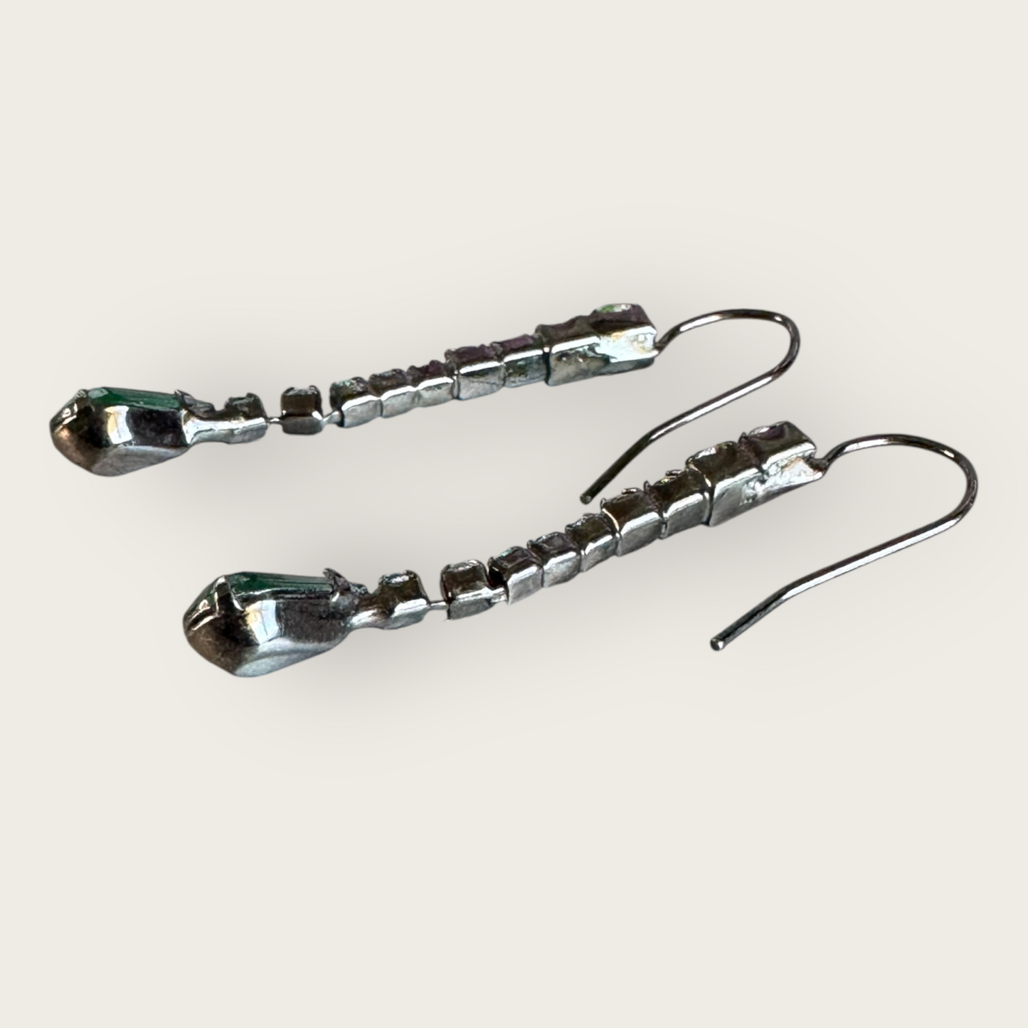 Vintage-Inspired Gunmetal Drop Earrings with Graduated Green Rhinestones – 2 Inch Drop