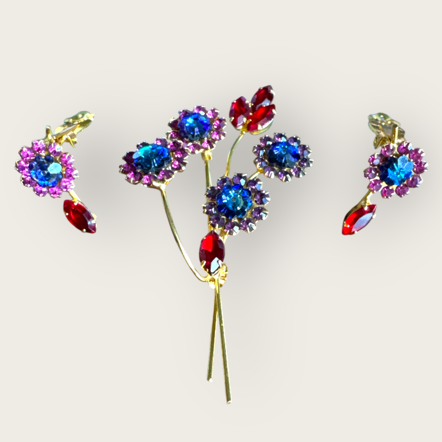 Vintage 1950s–1960s Rhinestone Floral Stem Brooch and Clip-On Earrings Set – Blue, Purple, Red Crystal Bouquet