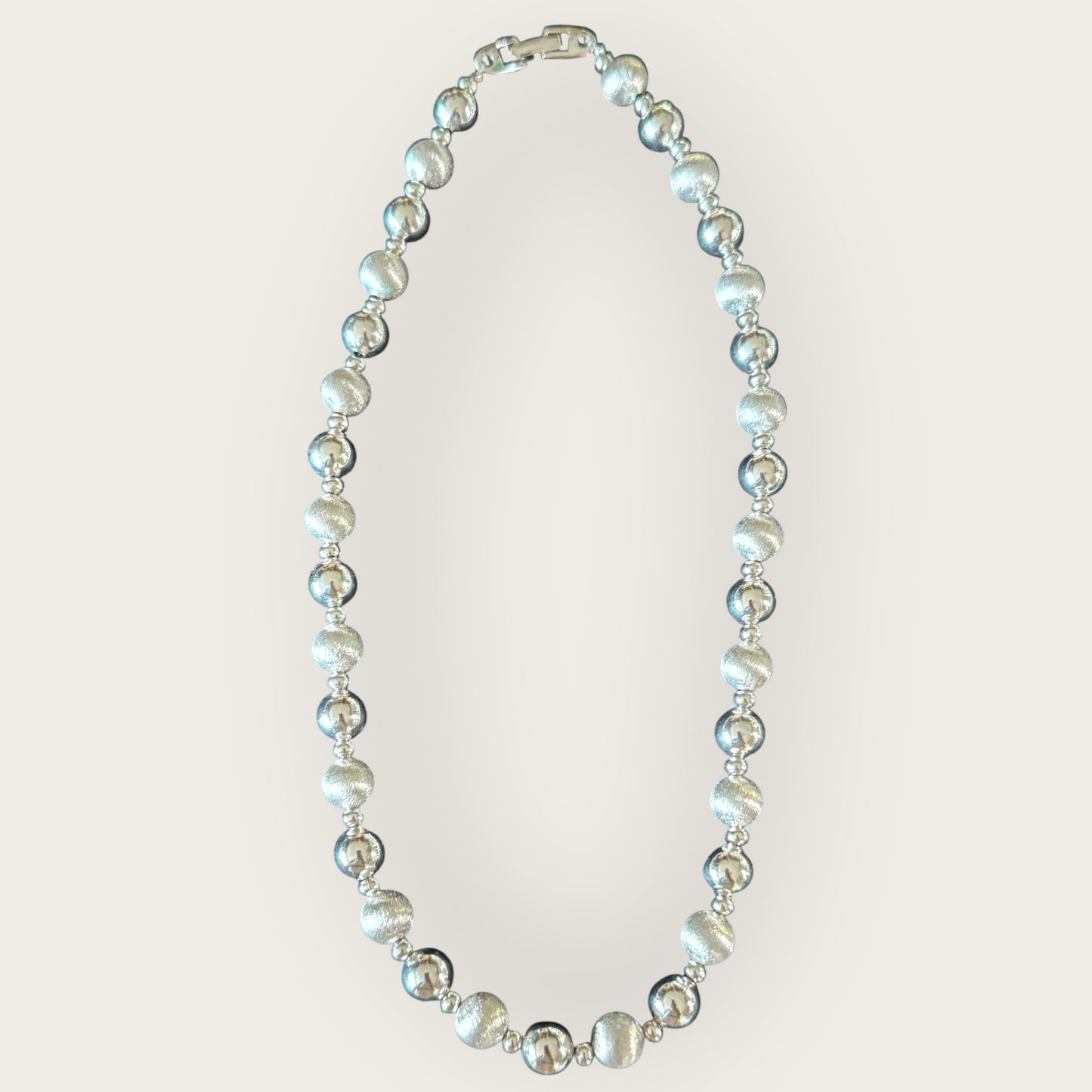 Vintage Napier “Patent Pending” Silver Bead Necklace – 1950s–1960s Brushed and Shiny Beads, 16-Inch Choker