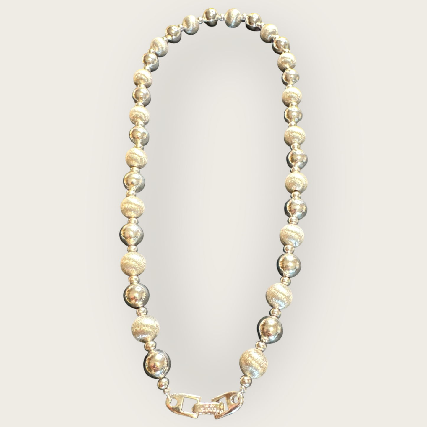 Vintage Napier “Patent Pending” Silver Bead Necklace – 1950s–1960s Brushed and Shiny Beads, 16-Inch Choker