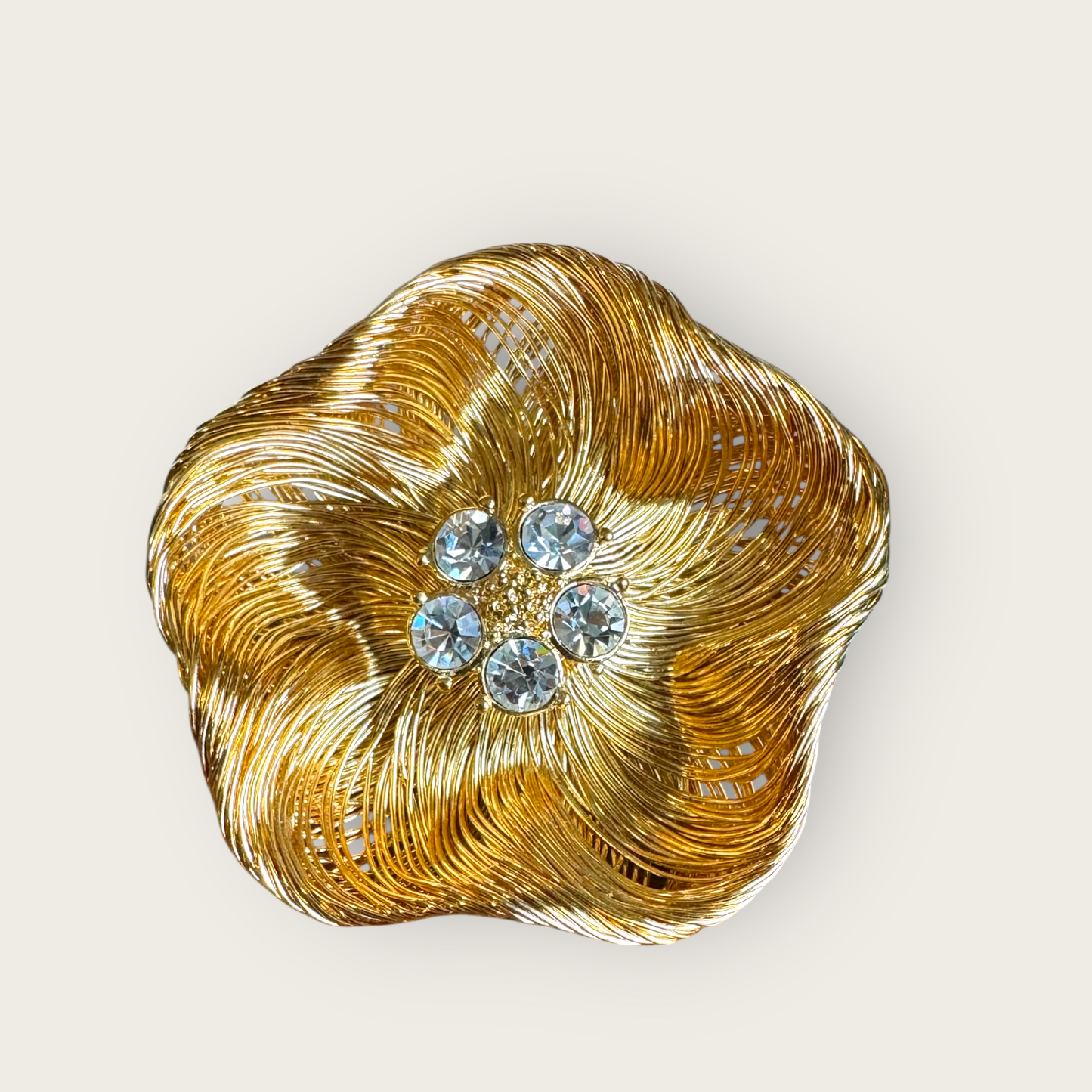 Vintage Monet Signed Gold Tone Wirework Flower Brooch with Rhinestone Center – 1960s Statement Jewelry
