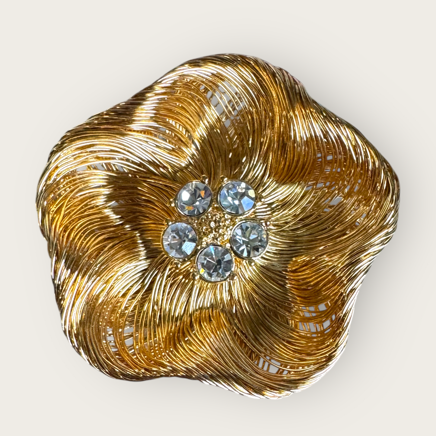 Vintage Monet Signed Gold Tone Wirework Flower Brooch with Rhinestone Center – 1960s Statement Jewelry