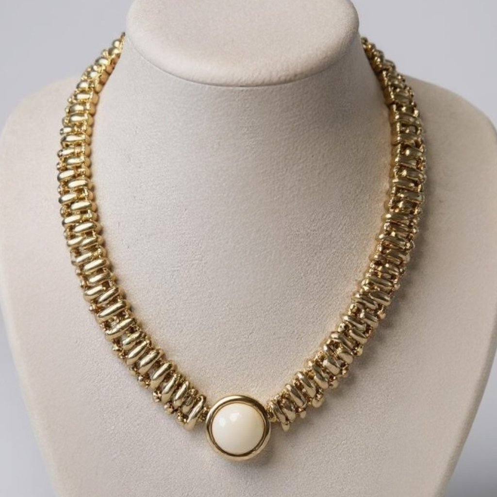 Vintage Monet Designer Gold Collar Necklace with Domed Cream Cabochon – Iconic 1980s Statement Jewelry