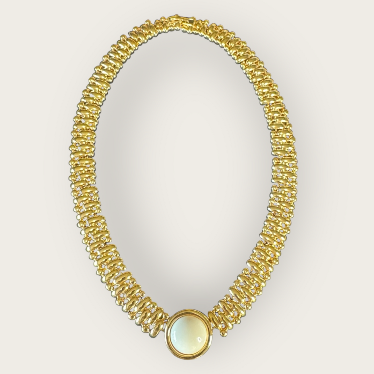 Vintage Monet Designer Gold Collar Necklace with Domed Cream Cabochon – Iconic 1980s Statement Jewelry