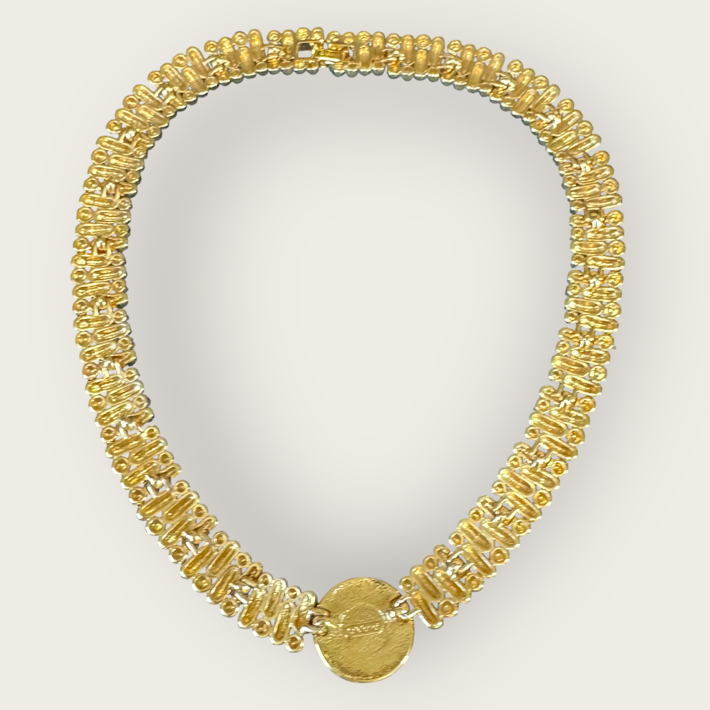 Vintage Monet Designer Gold Collar Necklace with Domed Cream Cabochon – Iconic 1980s Statement Jewelry