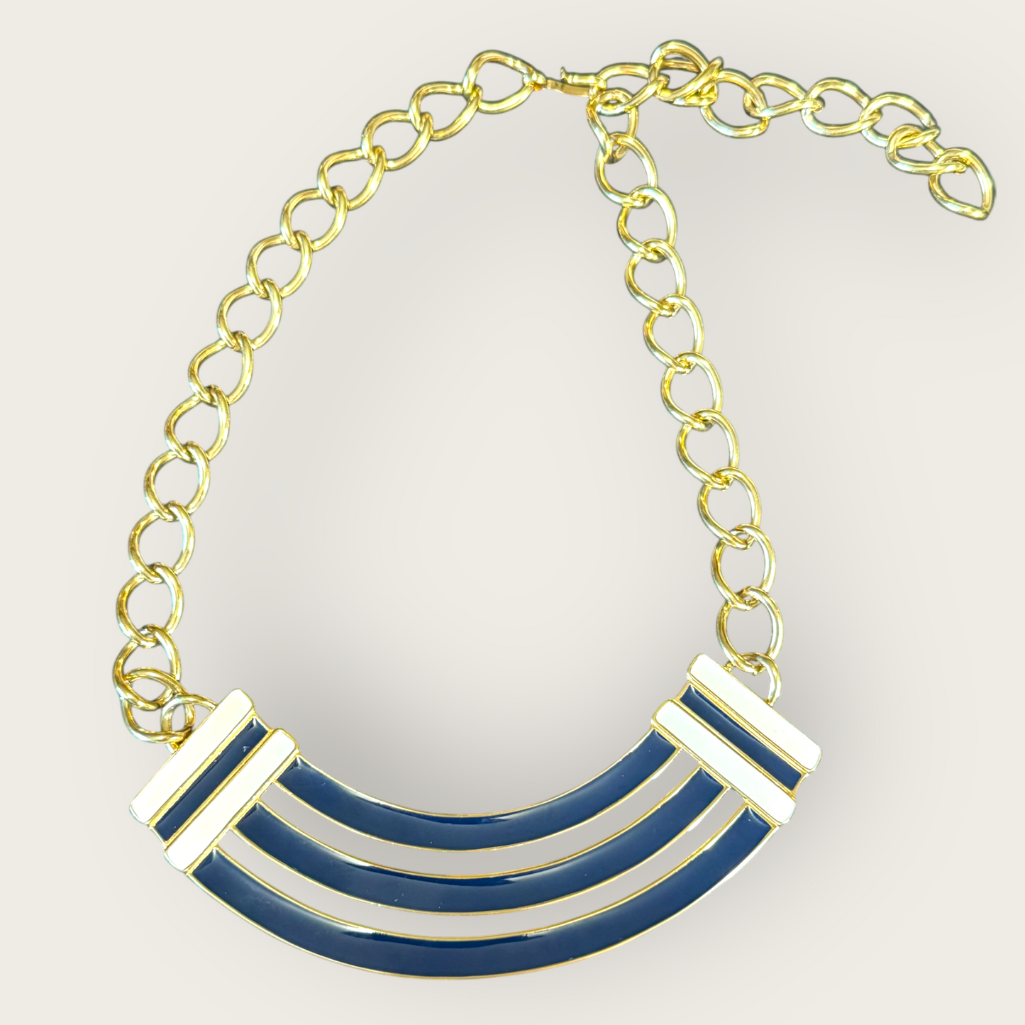 Signed Monet Navy Enamel and Gold-Tone Statement Collar Necklace, Adjustable to 20 Inches
