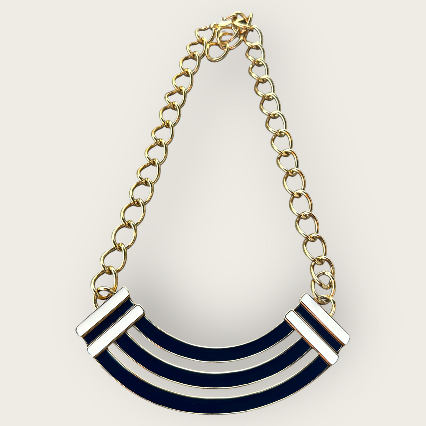 Signed Monet Navy Enamel and Gold-Tone Statement Collar Necklace, Adjustable to 20 Inches