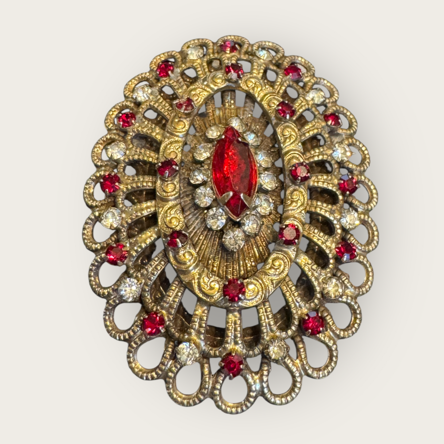 Vintage Hobé Red Rhinestone Gold Filigree Statement Brooch Pendant
