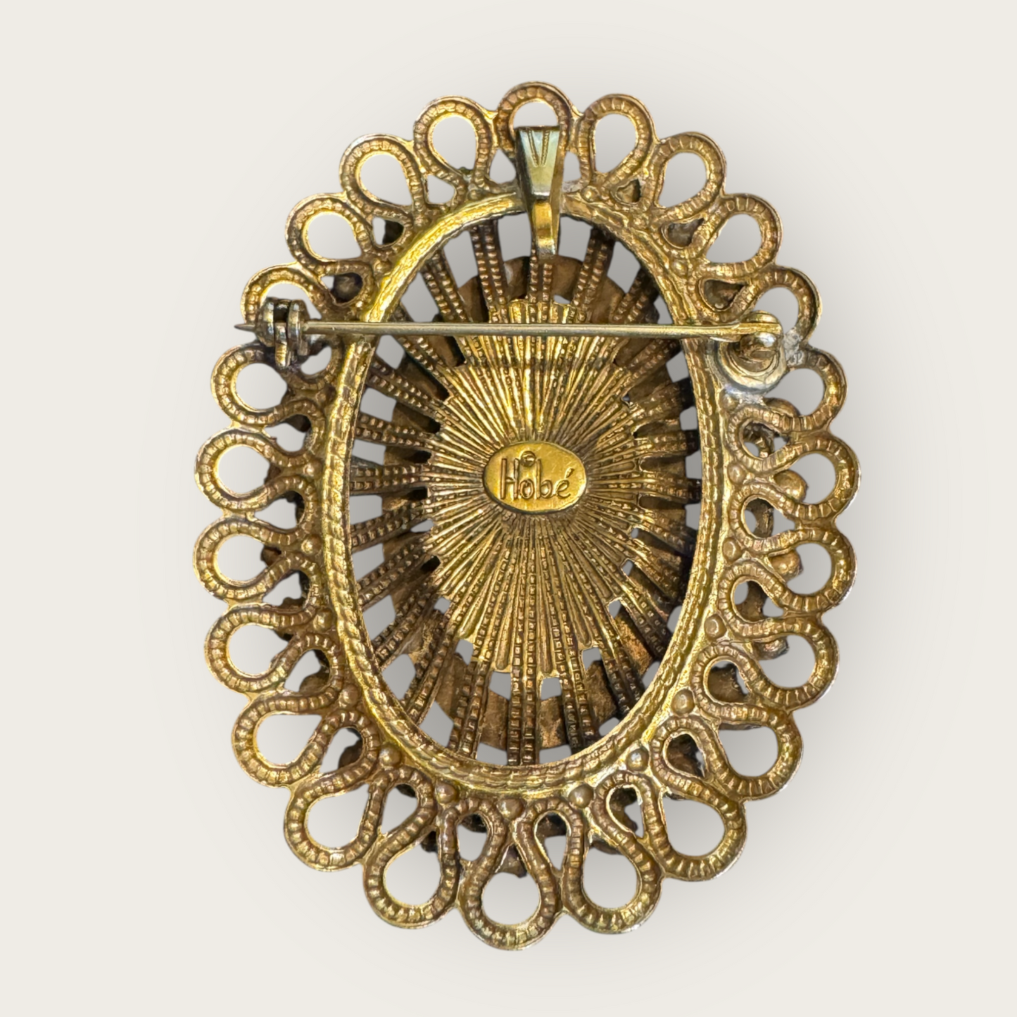 Vintage Hobé Red Rhinestone Gold Filigree Statement Brooch Pendant
