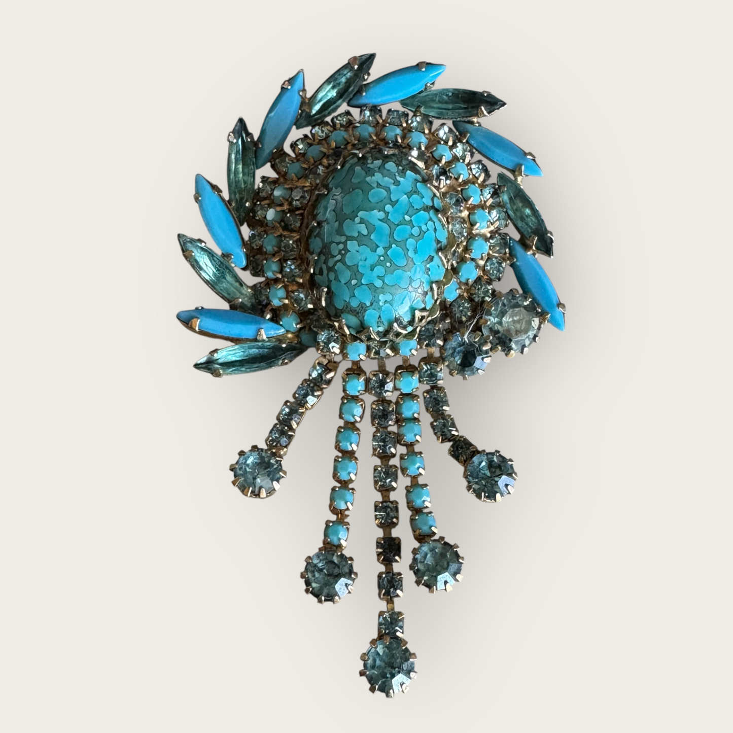 Vintage 1960s Turquoise Mosaic Glass Waterfall Brooch – Juliana Style Rhinestone Statement Pin