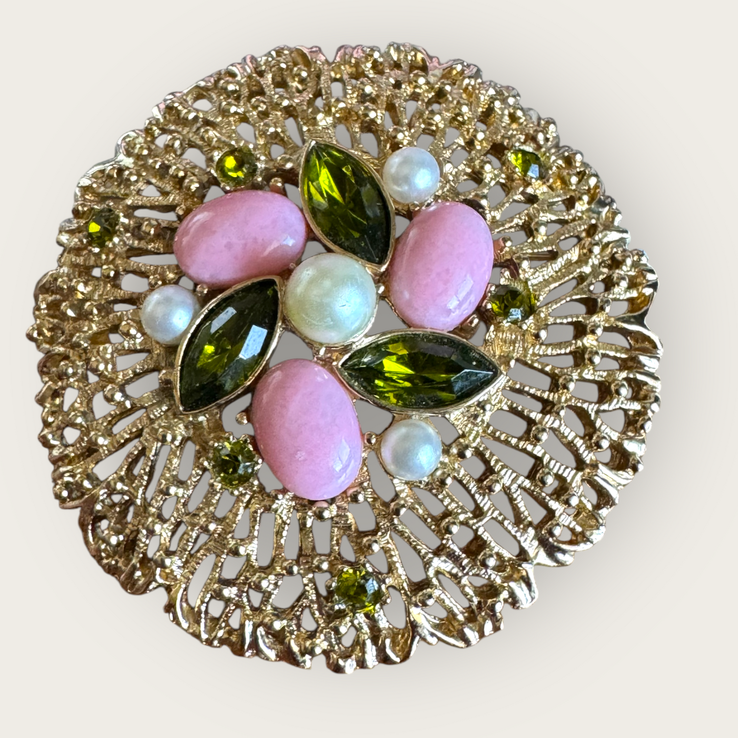 Vintage Sarah Coventry Pink and Green Filigree Brooch and Clip-On Earrings Set – 1950s Midcentury Costume Jewelry Demi Parure