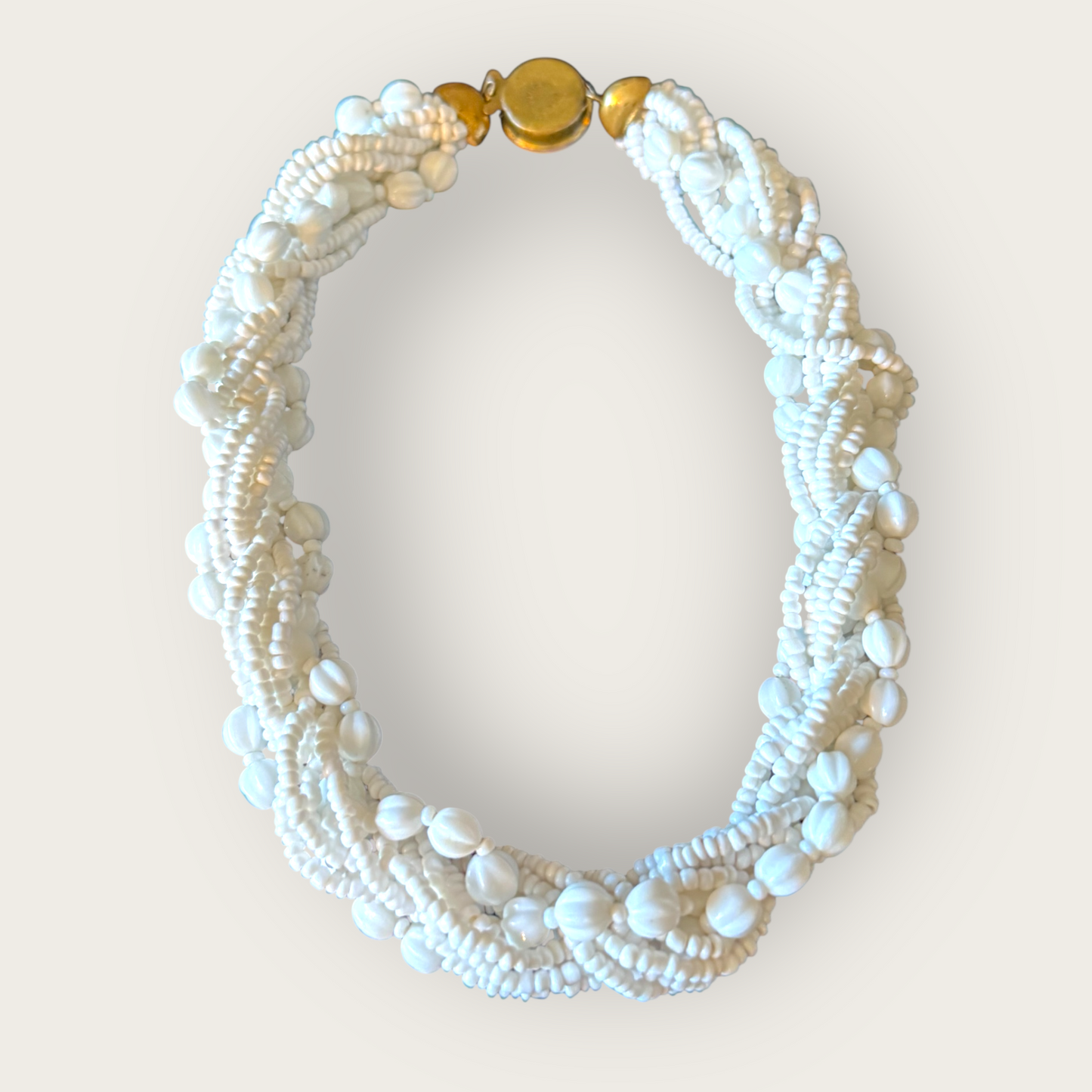 Vintage 1950s Made in Germany White Milk Glass Torsade Choker Necklace – Multi-Strand Braided Bead Statement Collar