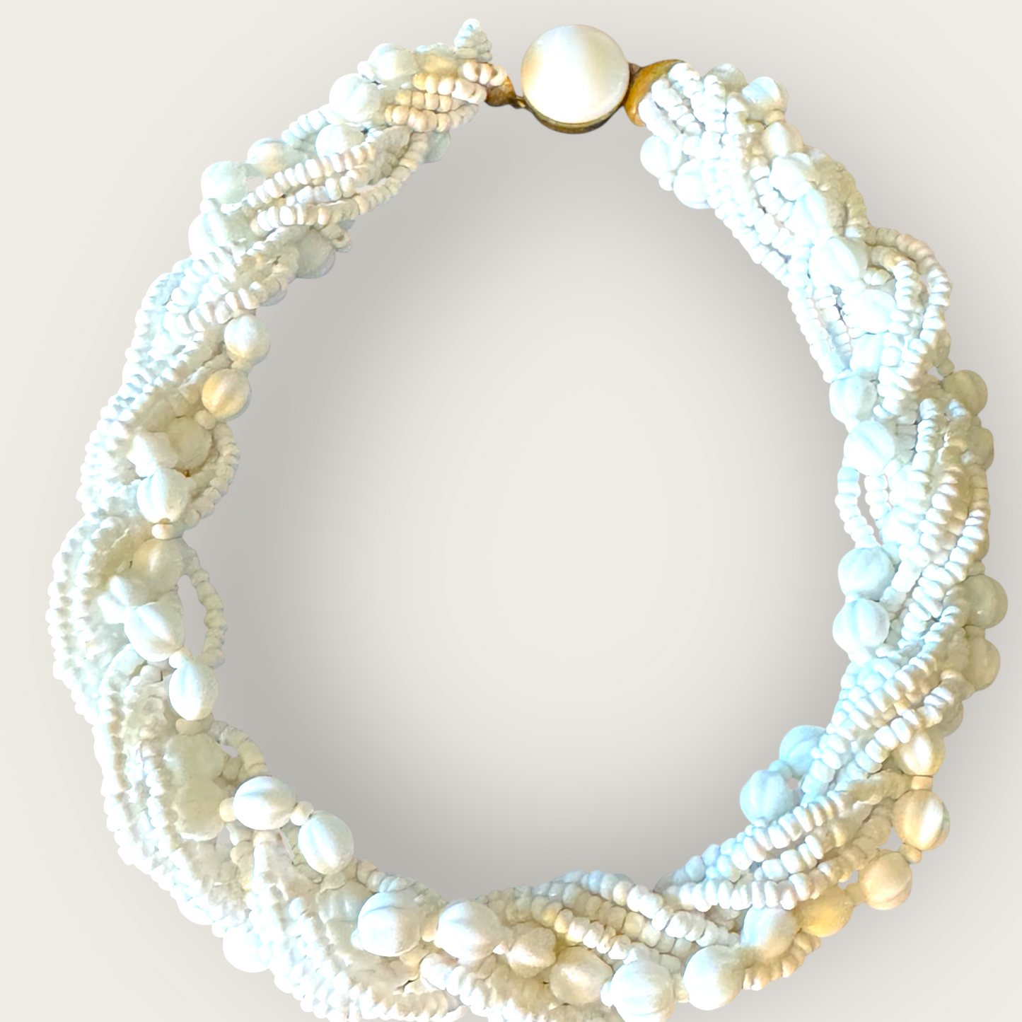 Vintage 1950s Made in Germany White Milk Glass Torsade Choker Necklace – Multi-Strand Braided Bead Statement Collar