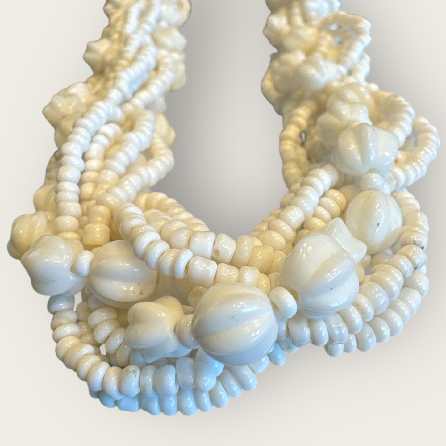 Vintage 1950s Made in Germany White Milk Glass Torsade Choker Necklace – Multi-Strand Braided Bead Statement Collar