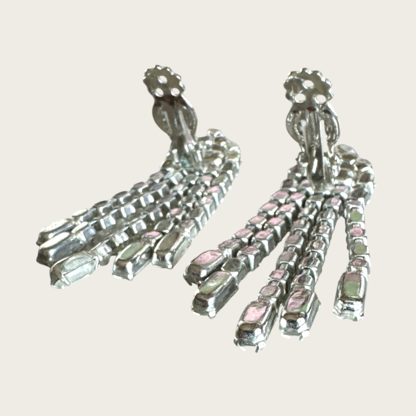 Vintage Riveted Florette Clip-On Earrings with Rhinestone Chain Dangles & Baguette Finishes – 1950s Mid Century Glamour