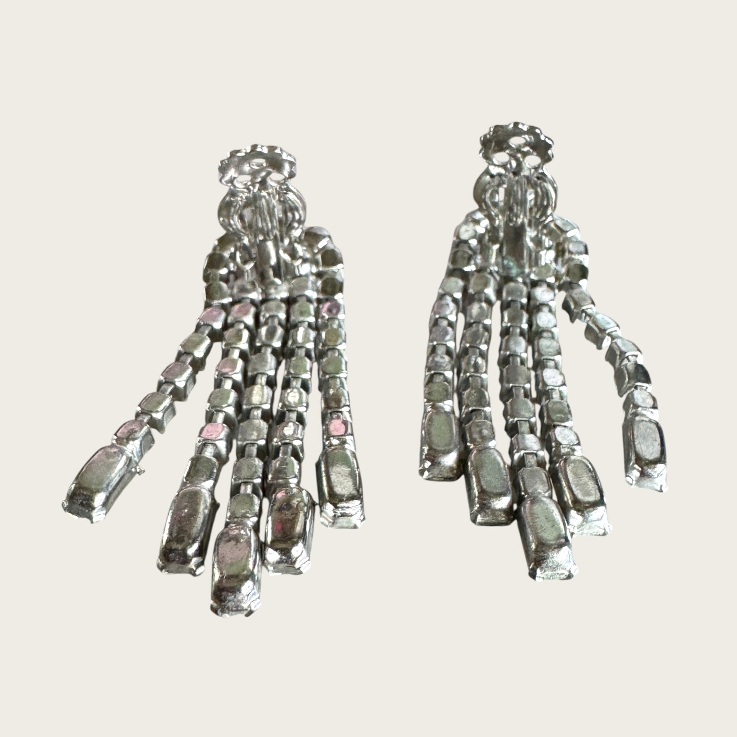 Vintage Riveted Florette Clip-On Earrings with Rhinestone Chain Dangles & Baguette Finishes – 1950s Mid Century Glamour